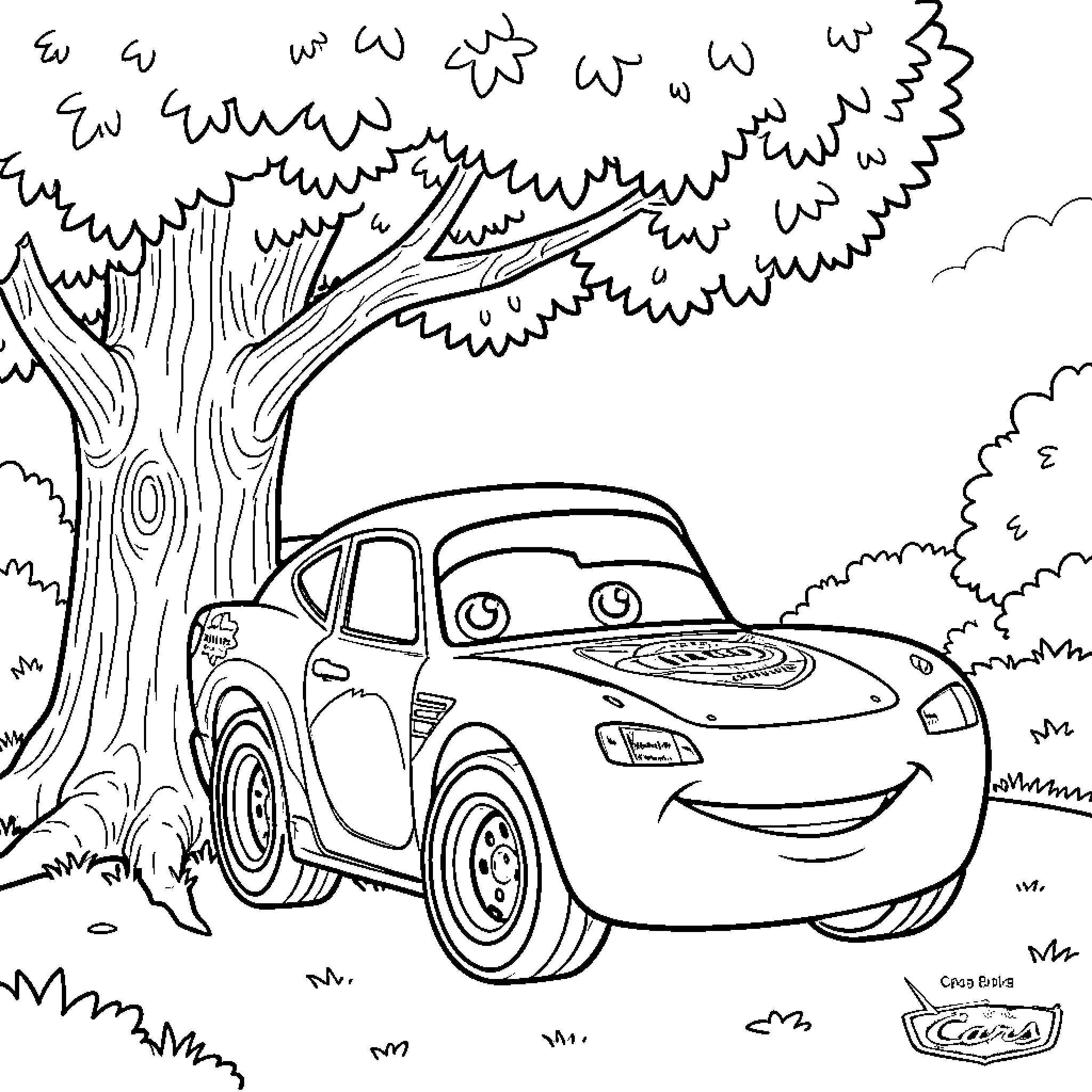 Car smiling happily while parked under a tree Coloring Page (free black-and-white line drawing printable PDF for all, from beginners to advanced learners, including children, teens, adults, and seniors)