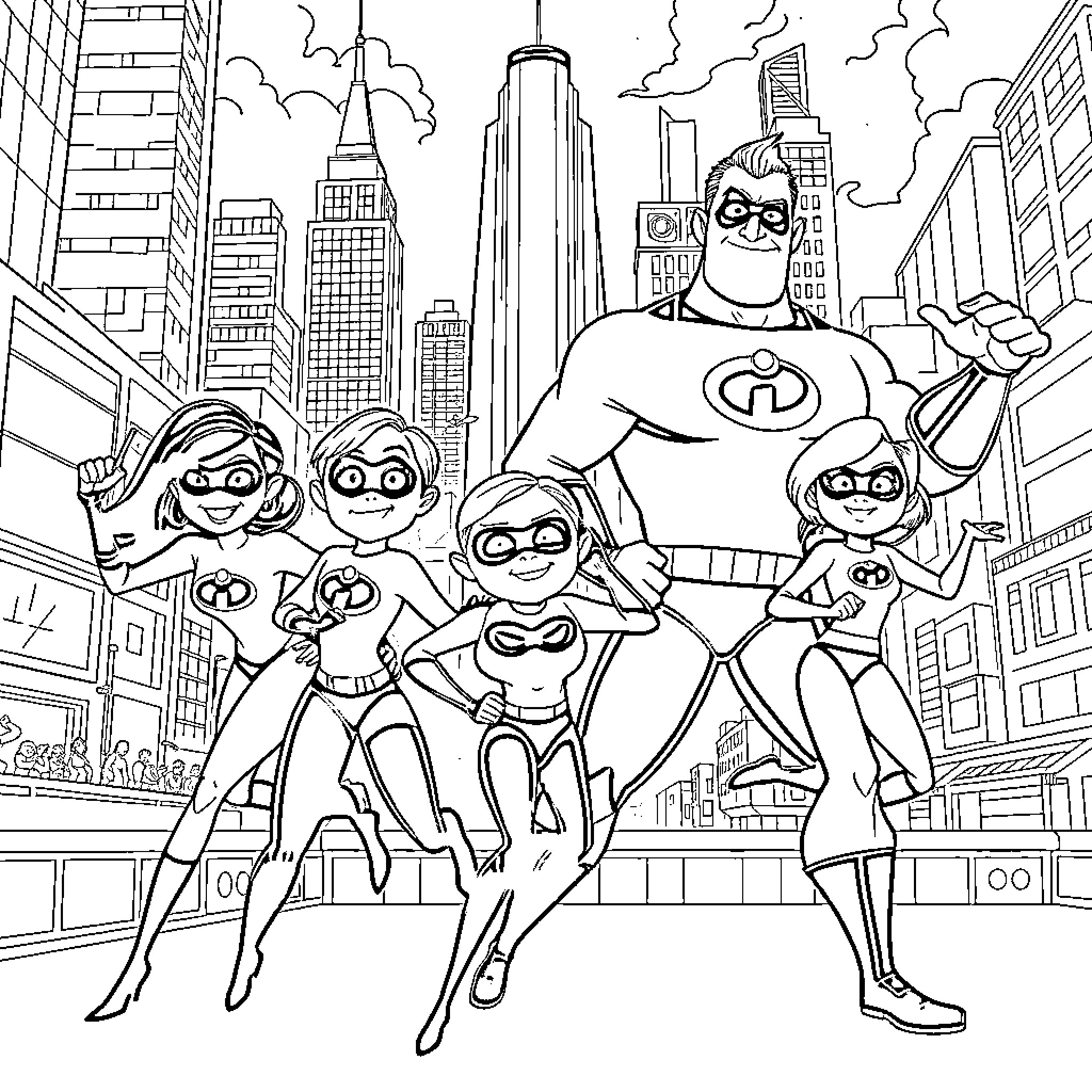 Incredible Superhero Family Saves the City Coloring Page (free black-and-white line drawing printable PDF for all, from beginners to advanced learners, including children, teens, adults, and seniors)
