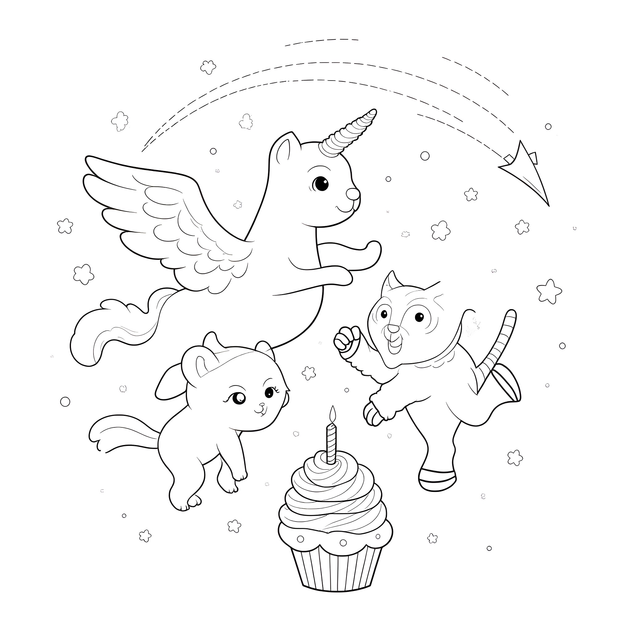 Kittens playing with unicorns and cupcake in the starry night Coloring Page (free black-and-white line drawing printable PDF for all, from beginners to advanced learners, including children, teens, adults, and seniors)