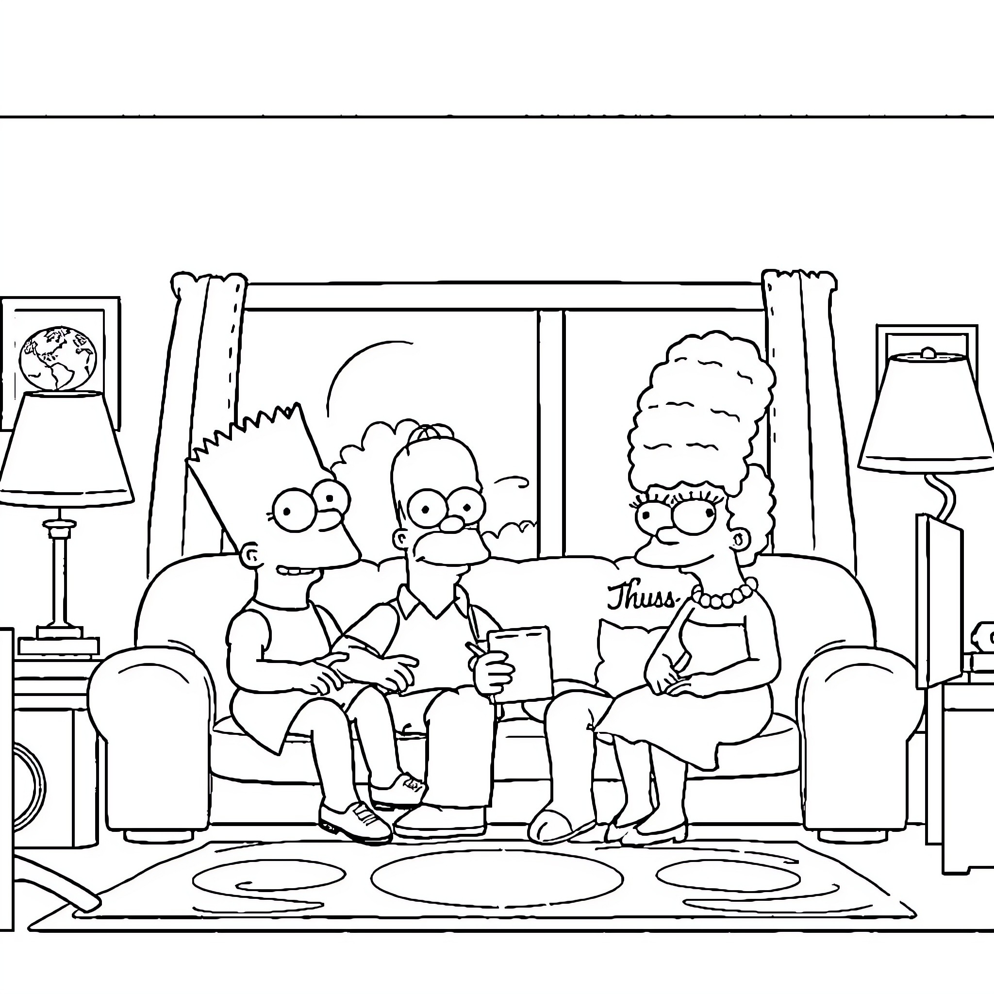 Simpson family relaxing at home Coloring Page (free black-and-white line drawing printable PDF for all, from beginners to advanced learners, including children, teens, adults, and seniors)