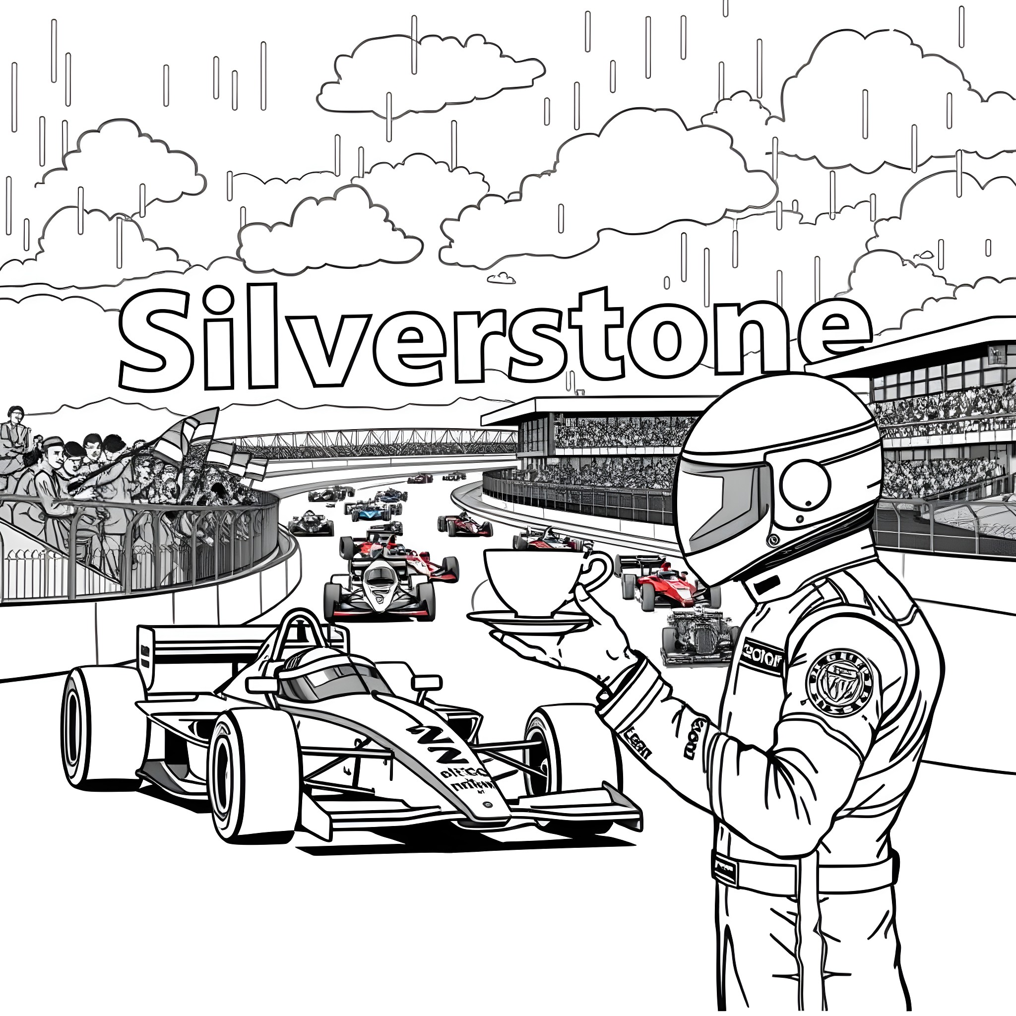 Formula One cars racing at Silverstone circuit Coloring Page (free black-and-white line drawing printable PDF for all, from beginners to advanced learners, including children, teens, adults, and seniors)