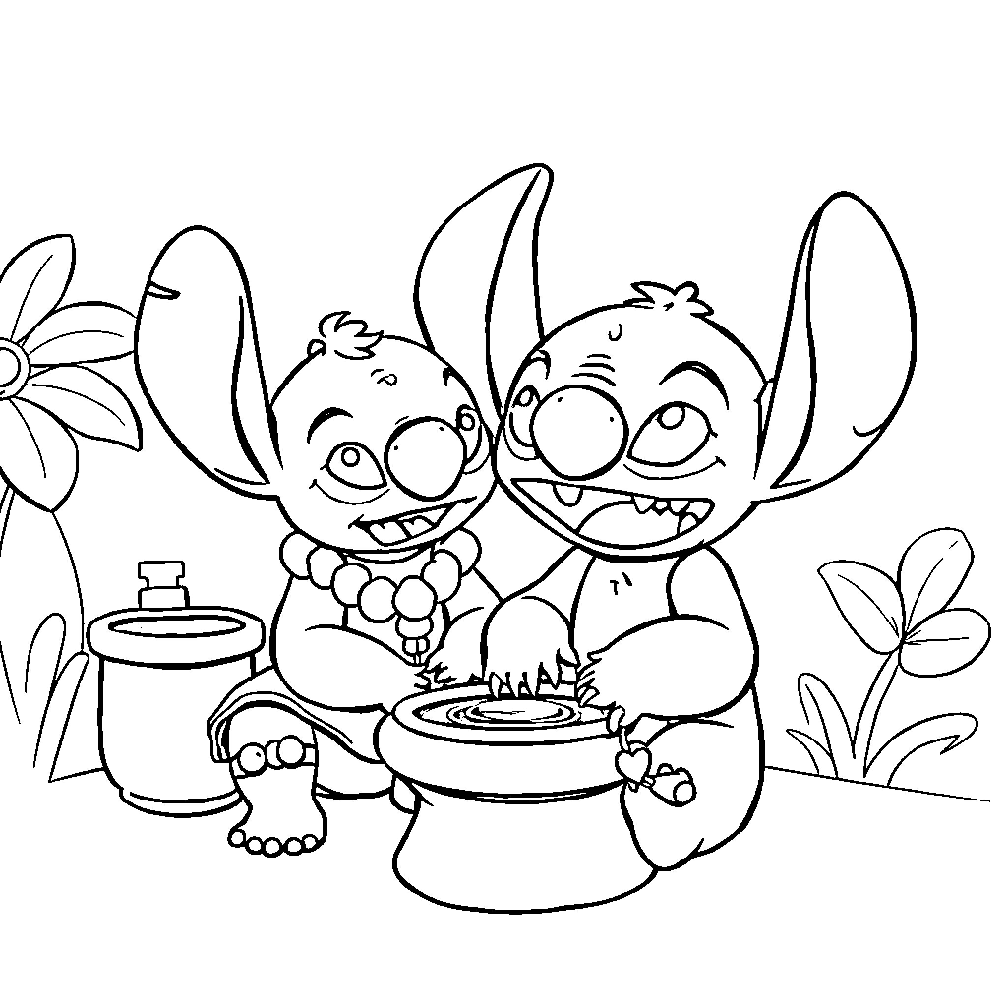 Lilo And Stitch Celebrate with a Birthday Cake Coloring Page (free black-and-white line drawing printable PDF for all, from beginners to advanced learners, including children, teens, adults, and seniors)