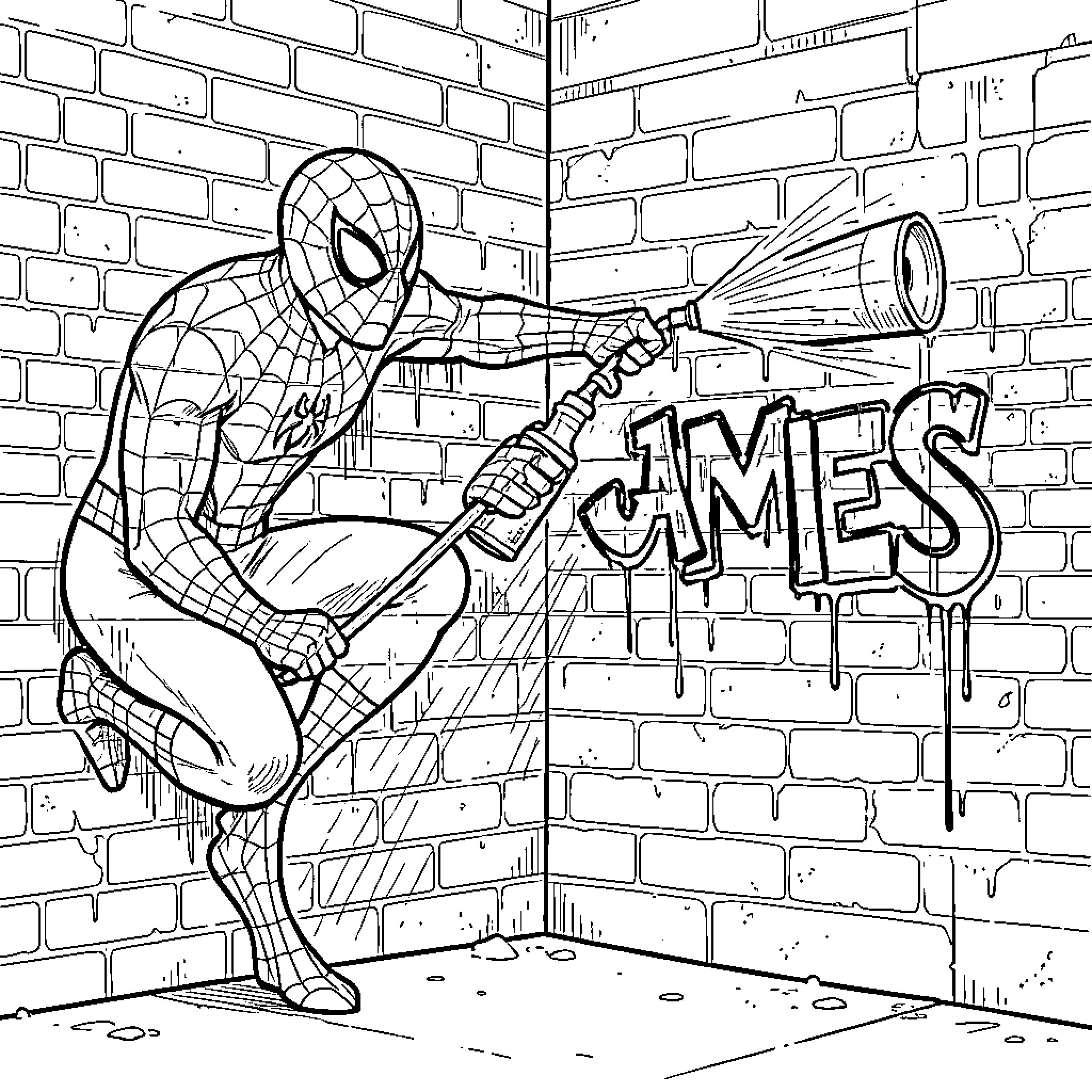 Spiderman using a web shooter to spray graffiti Coloring Page (free black-and-white line drawing printable PDF for all, from beginners to advanced learners, including children, teens, adults, and seniors)