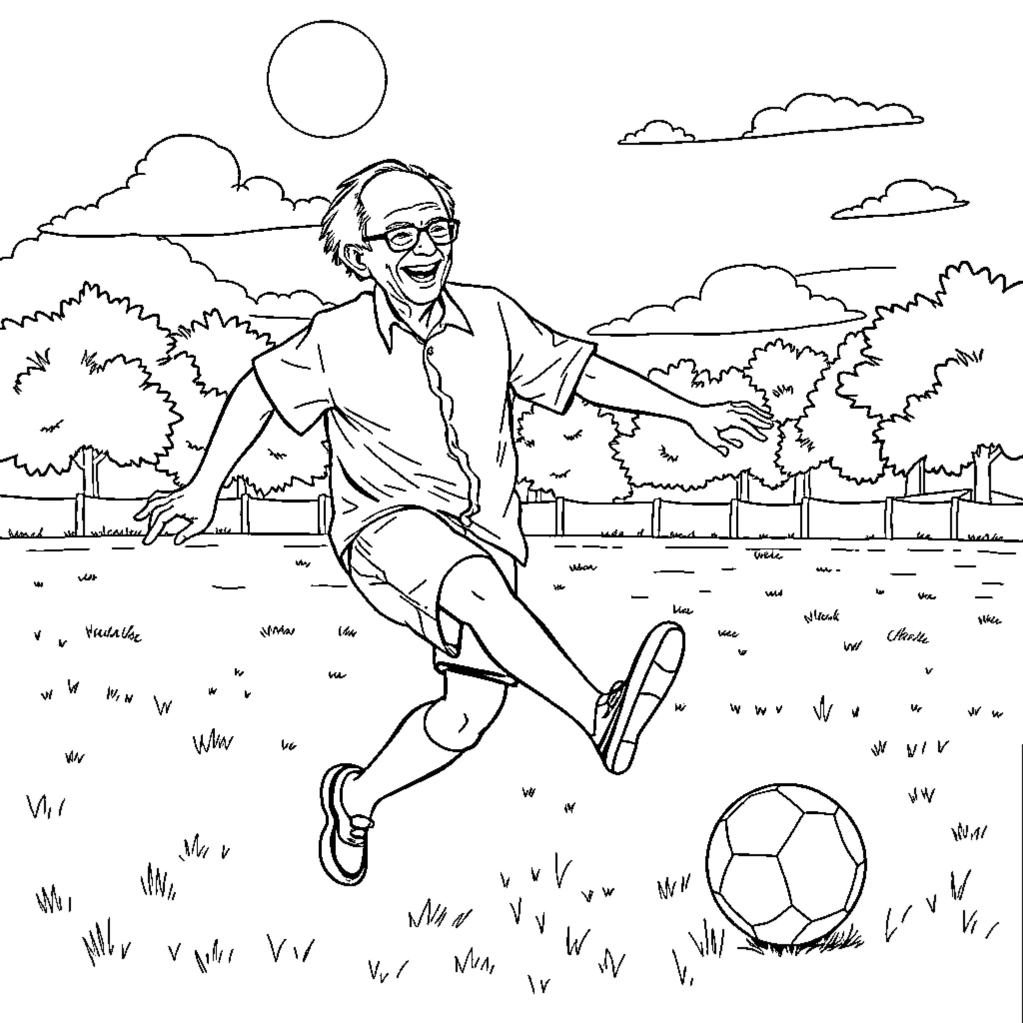 Bernie Sanders playing soccer in a park Coloring Page (free black-and-white line drawing printable PDF for all, from beginners to advanced learners, including children, teens, adults, and seniors)
