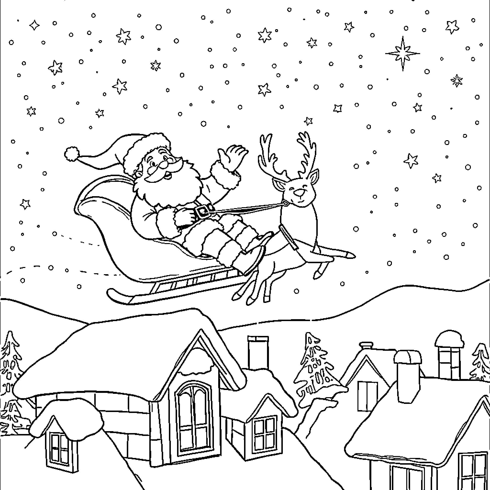 Santa Claus riding sleigh with reindeer over snowy town Coloring Page (free black-and-white line drawing printable PDF for all, from beginners to advanced learners, including children, teens, adults, and seniors)