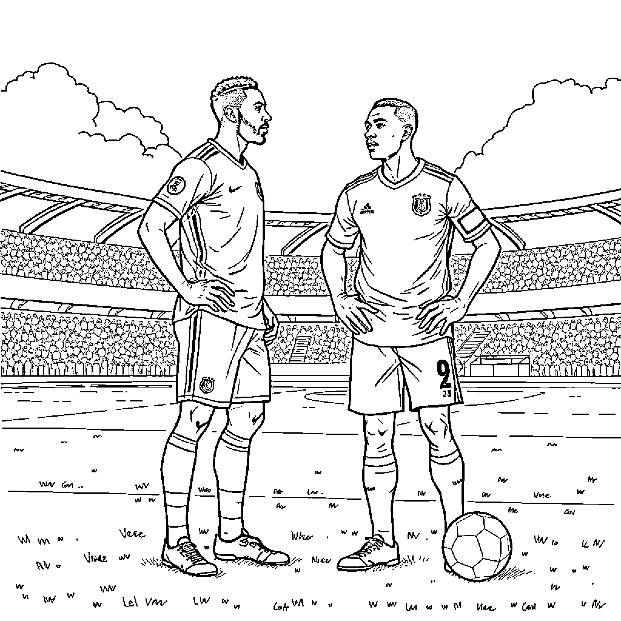 Lamine Yamal: Soccer Players in Stadium Coloring Page (free black-and-white line drawing printable PDF for all, from beginners to advanced learners, including children, teens, adults, and seniors)