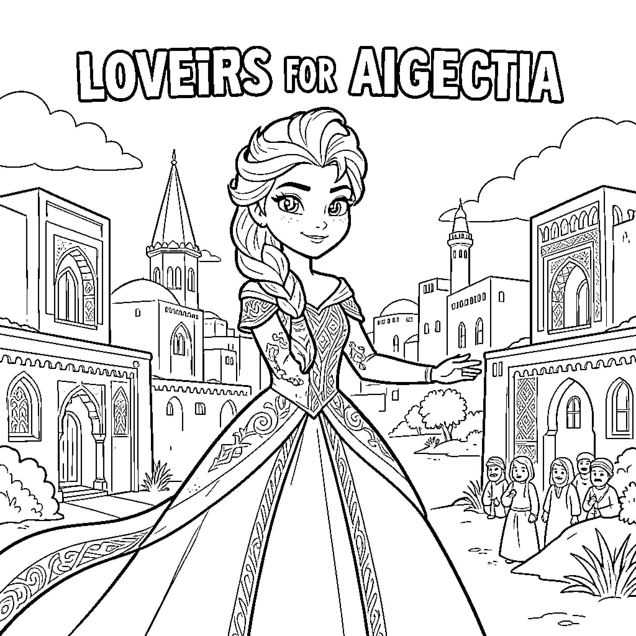 Elsa standing gracefully in front of a majestic castle Coloring Page (free black-and-white line drawing printable PDF for all, from beginners to advanced learners, including children, teens, adults, and seniors)