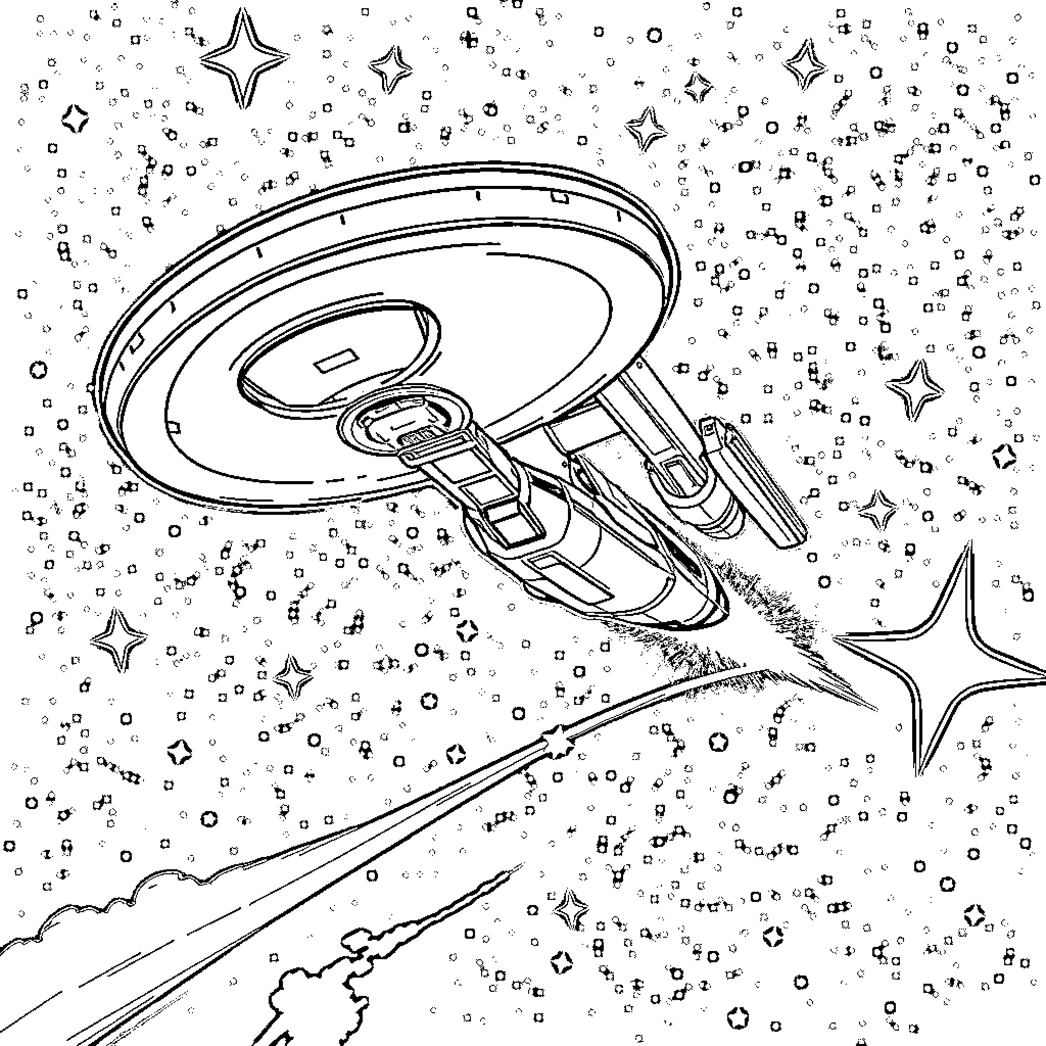 Starship soaring through the cosmic starscape Coloring Page (free black-and-white line drawing printable PDF for all, from beginners to advanced learners, including children, teens, adults, and seniors)