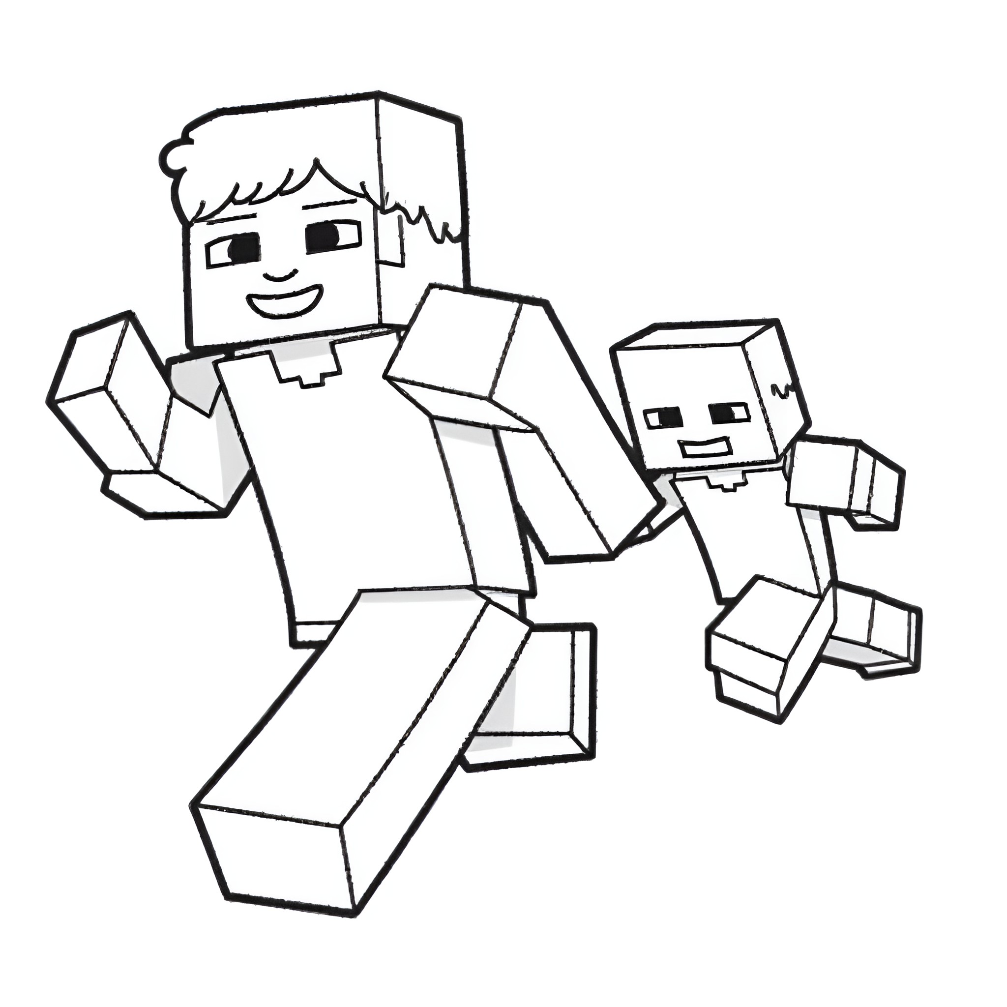 Steve and friend playing in a blocky world Coloring Page (free black-and-white line drawing printable PDF for all, from beginners to advanced learners, including children, teens, adults, and seniors)