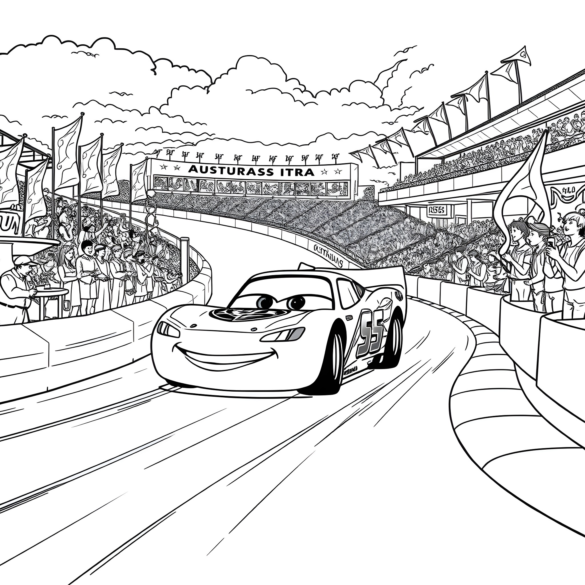 Lightning McQueen racing on the track with fans Coloring Page (free black-and-white line drawing printable PDF for all, from beginners to advanced learners, including children, teens, adults, and seniors)