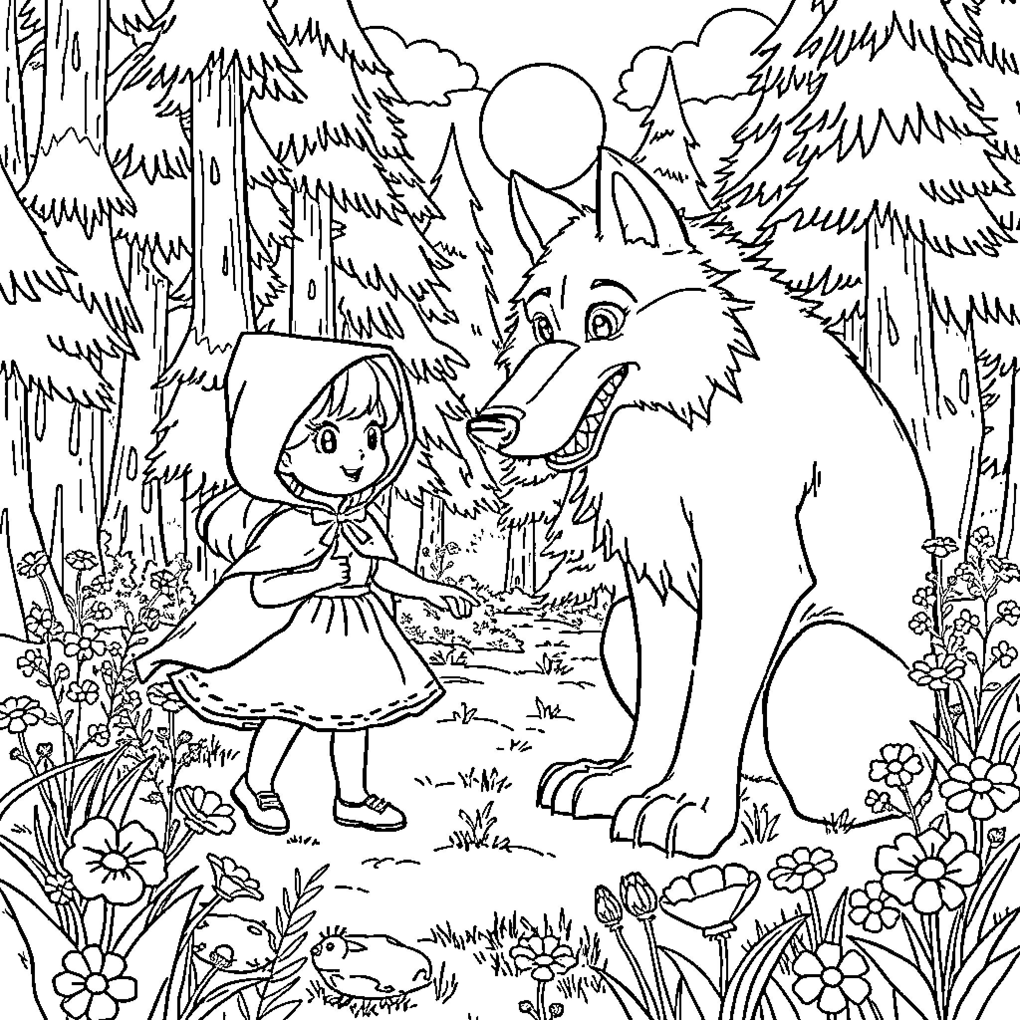 Little Red Riding Hood encounters the big bad wolf in the forest Coloring Page (free black-and-white line drawing printable PDF for all, from beginners to advanced learners, including children, teens, adults, and seniors)