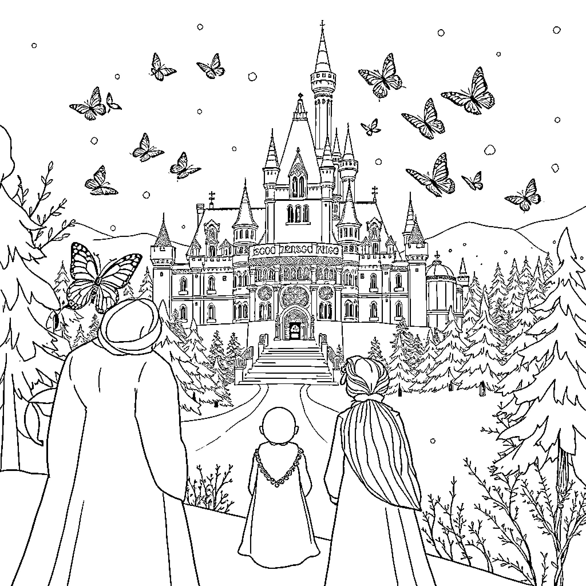 Frozen Characters Admiring a Magnificent Castle Amid Butterflies Coloring Page (free black-and-white line drawing printable PDF for all, from beginners to advanced learners, including children, teens, adults, and seniors)