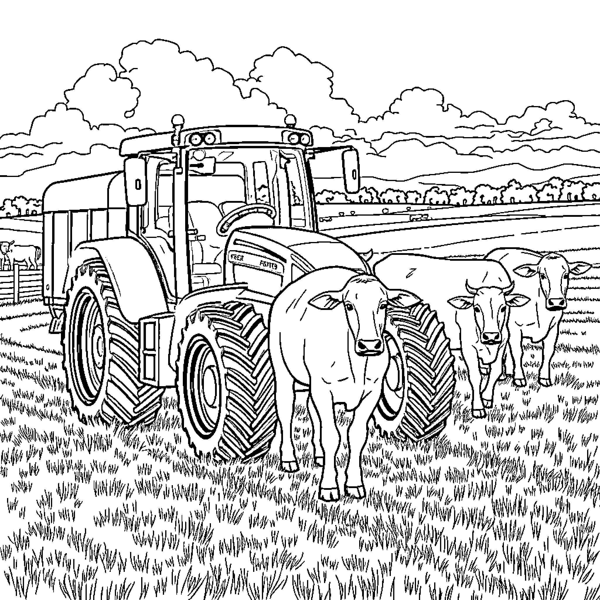 Tractor working in the farm with livestock Coloring Page (free black-and-white line drawing printable PDF for all, from beginners to advanced learners, including children, teens, adults, and seniors)