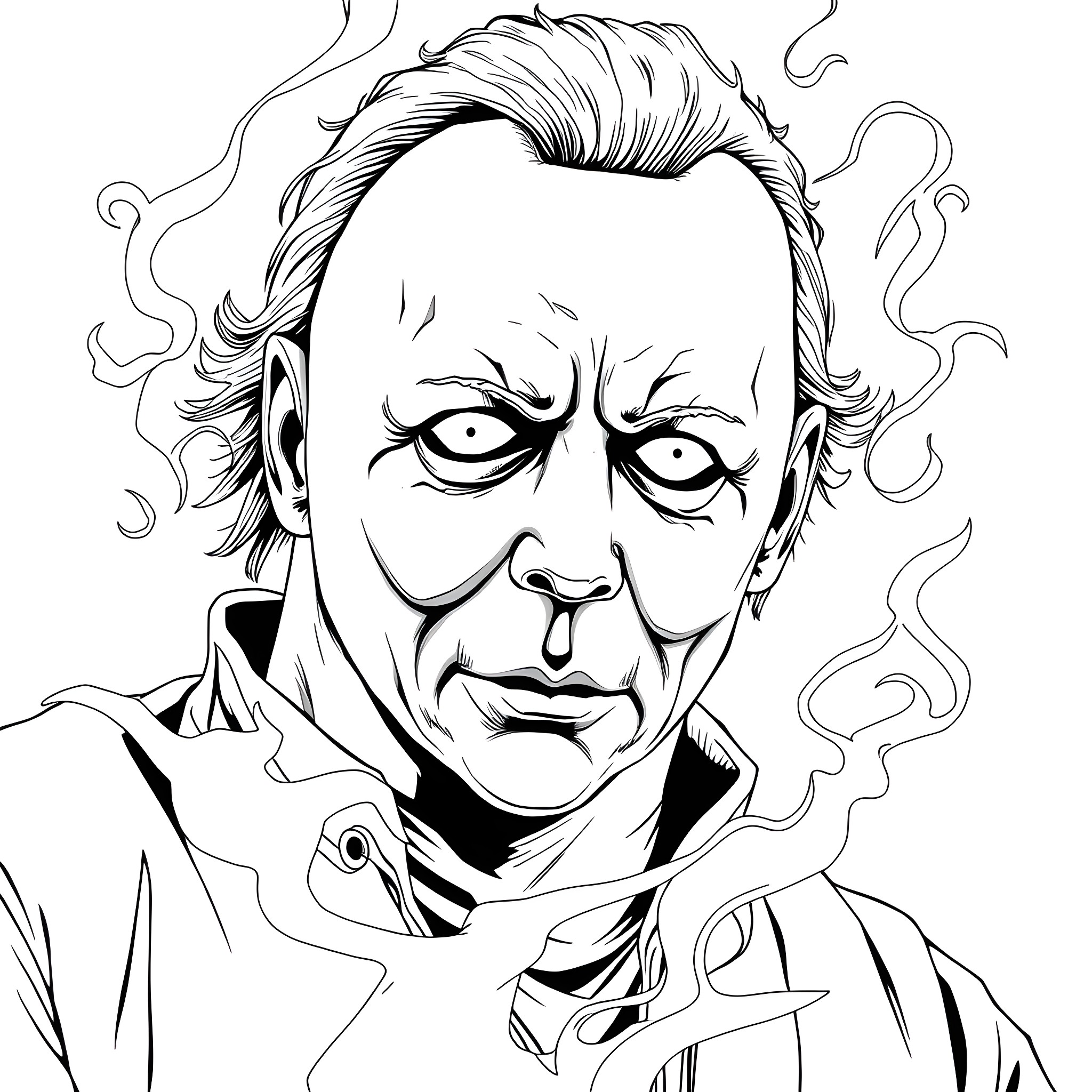 Michael Myers' Menacing Presence in the Shadows Coloring Page (free black-and-white line drawing printable PDF for all, from beginners to advanced learners, including children, teens, adults, and seniors)