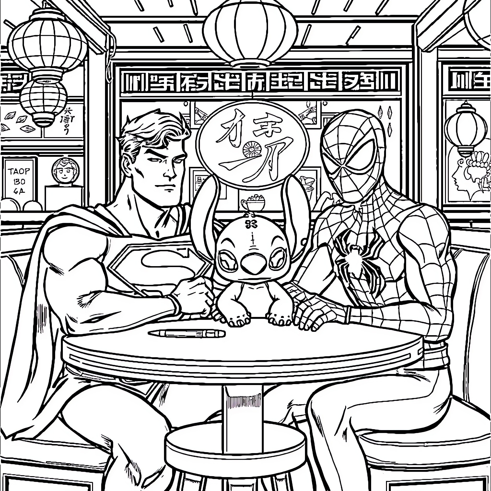 Superman, Spider-Man, and Lilo in a Cozy Diner Coloring Page (free black-and-white line drawing printable PDF for all, from beginners to advanced learners, including children, teens, adults, and seniors)