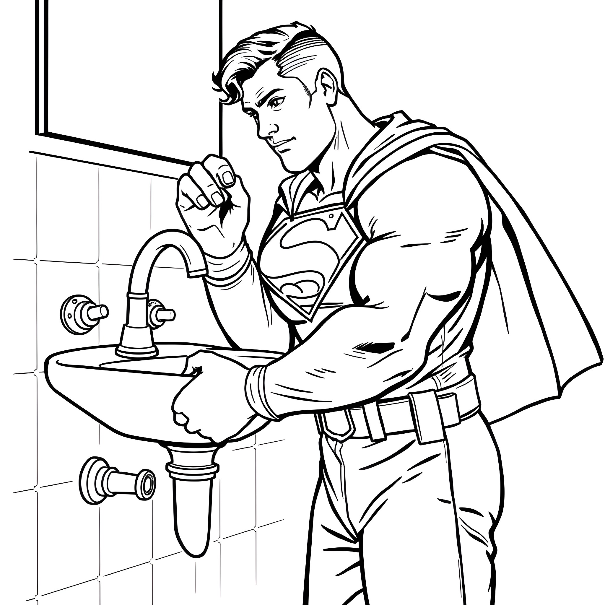 Superman washing his hands with determination Coloring Page (free black-and-white line drawing printable PDF for all, from beginners to advanced learners, including children, teens, adults, and seniors)
