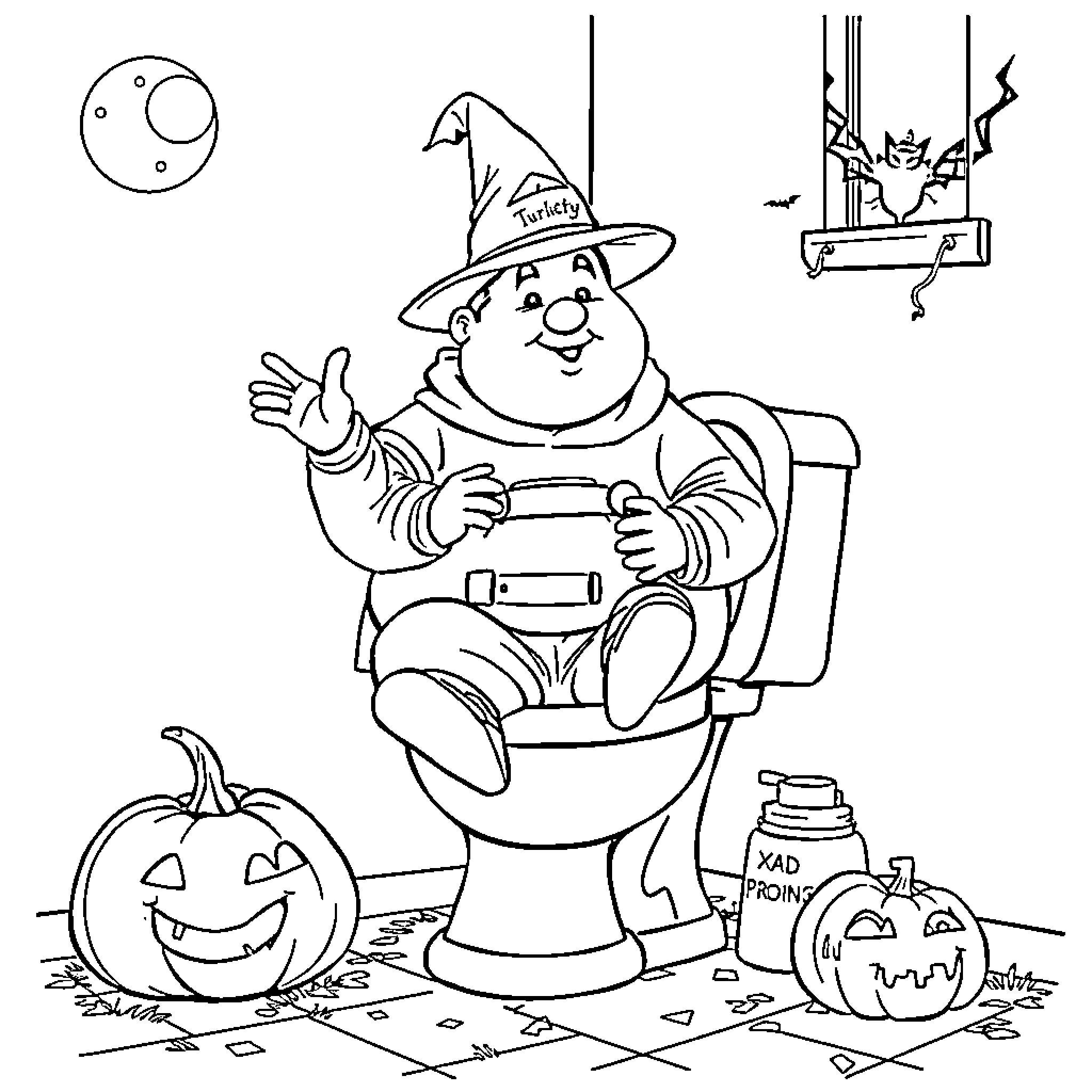 Guy sitting on toilet playing video game Coloring Page (free black-and-white line drawing printable PDF for all, from beginners to advanced learners, including children, teens, adults, and seniors)
