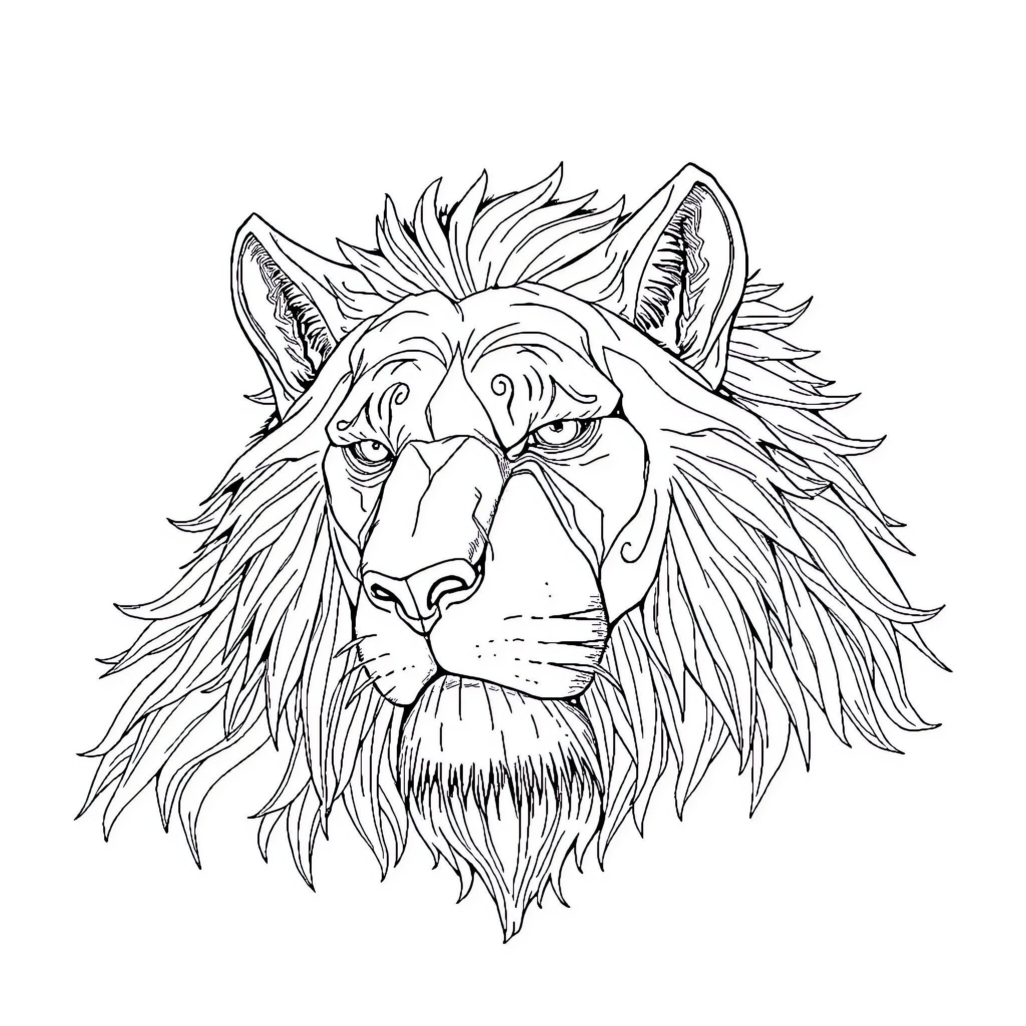 Heavenly Being with Majestic Lion's Visage Coloring Page (free black-and-white line drawing printable PDF for all, from beginners to advanced learners, including children, teens, adults, and seniors)