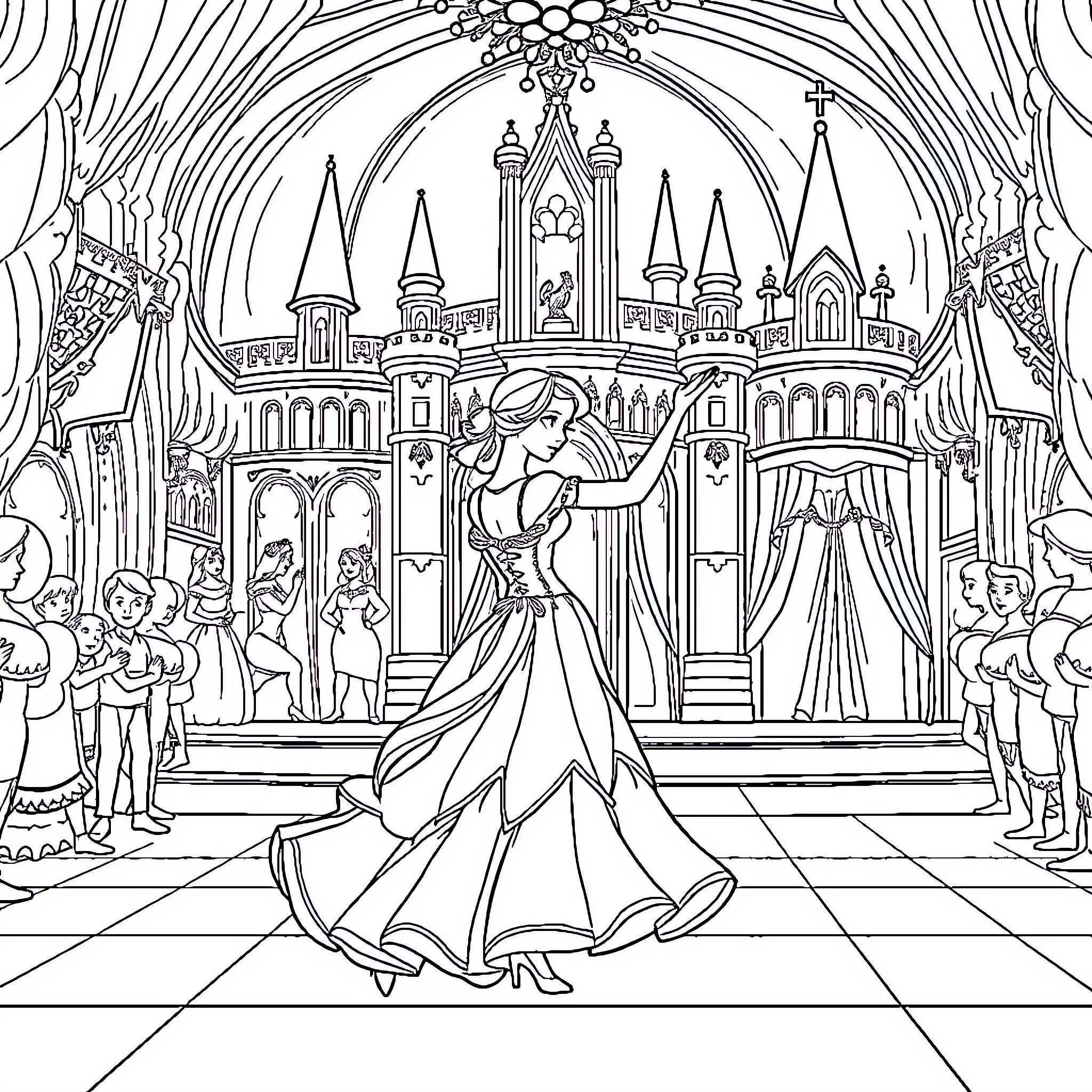 Princess Dancing Gracefully in Regal Castle Coloring Page (free black-and-white line drawing printable PDF for all, from beginners to advanced learners, including children, teens, adults, and seniors)