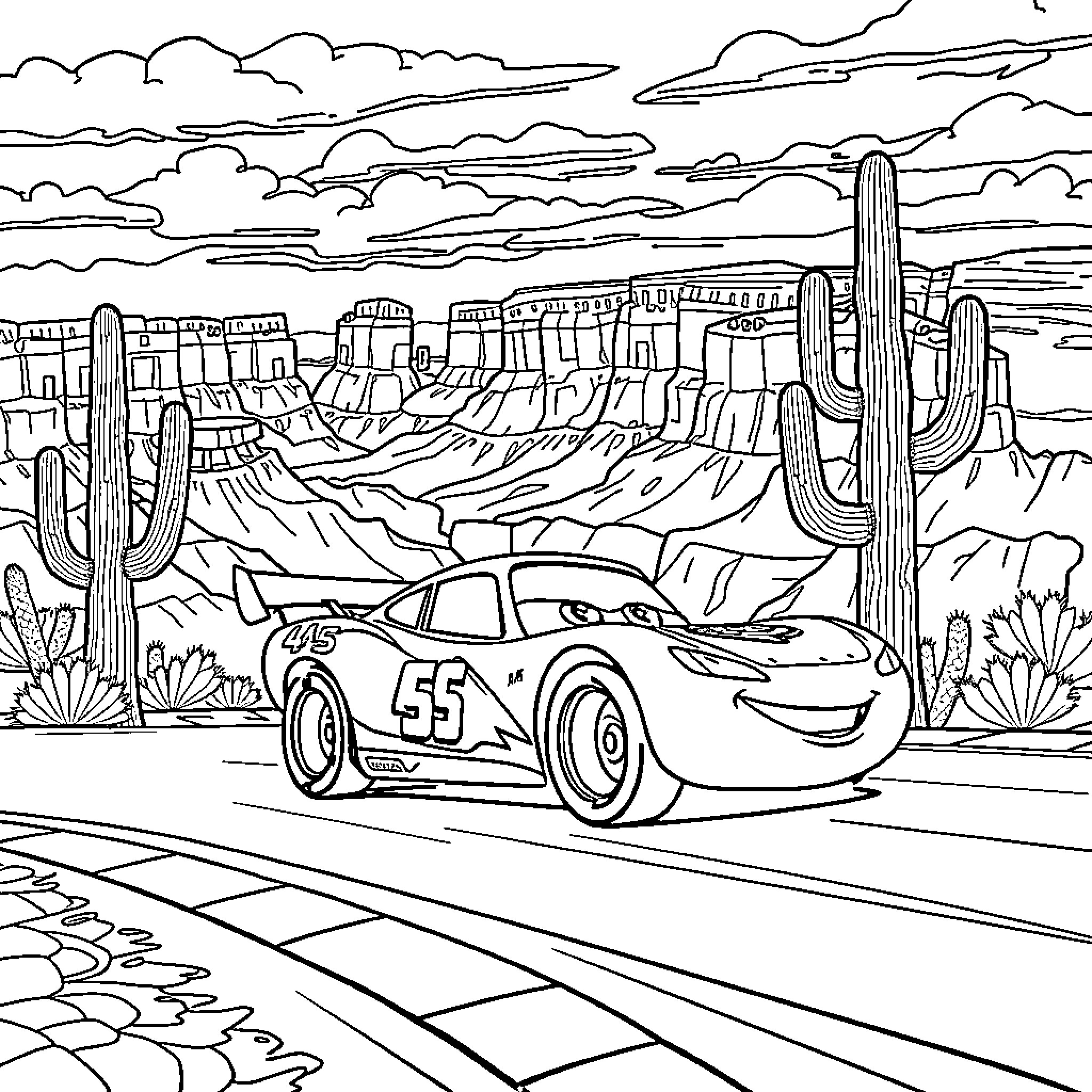 Flash McQueen racing through the desert landscape Coloring Page (free black-and-white line drawing printable PDF for all, from beginners to advanced learners, including children, teens, adults, and seniors)