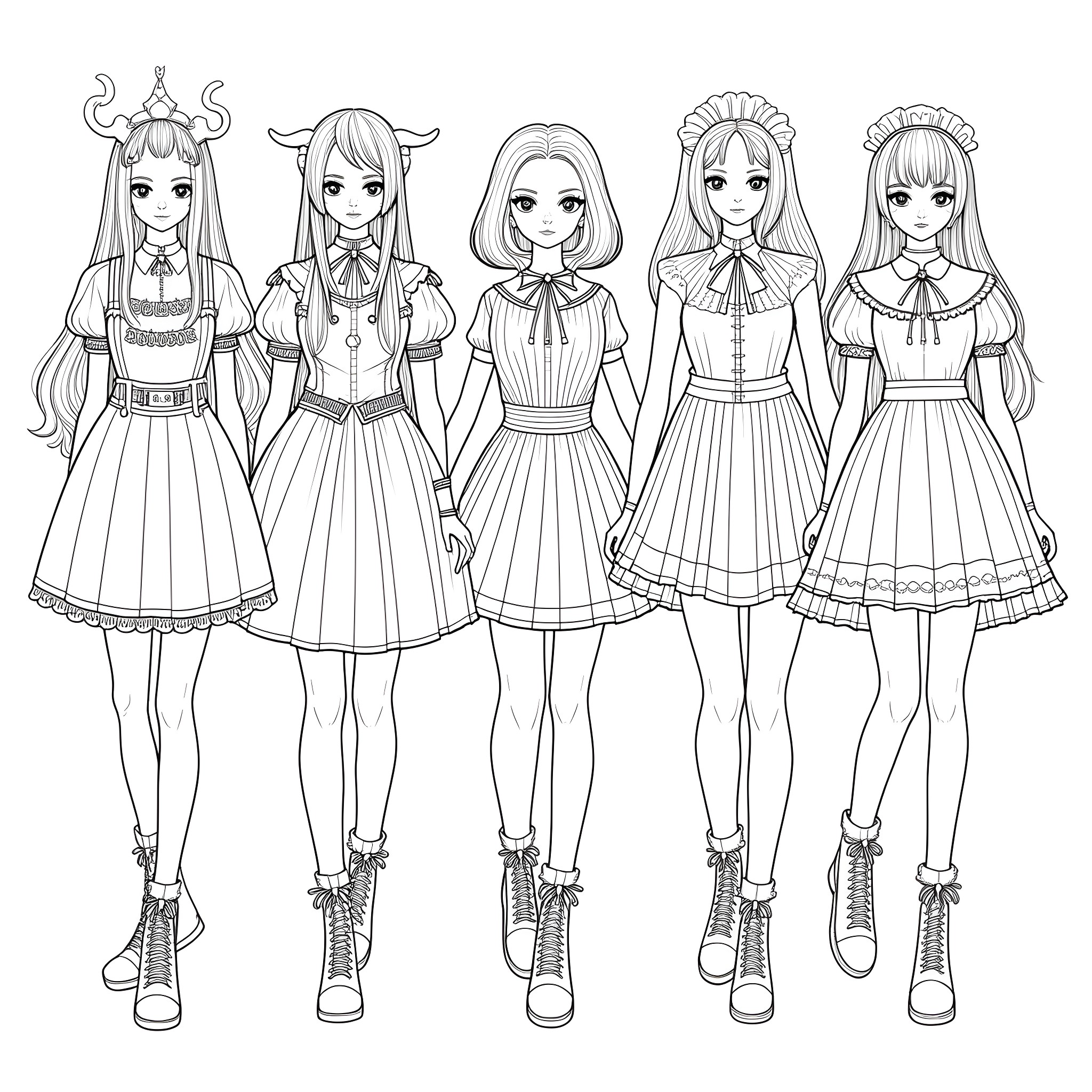 Goth Spice Girls in Colorful Lolita-style Outfits Coloring Page (free black-and-white line drawing printable PDF for all, from beginners to advanced learners, including children, teens, adults, and seniors)
