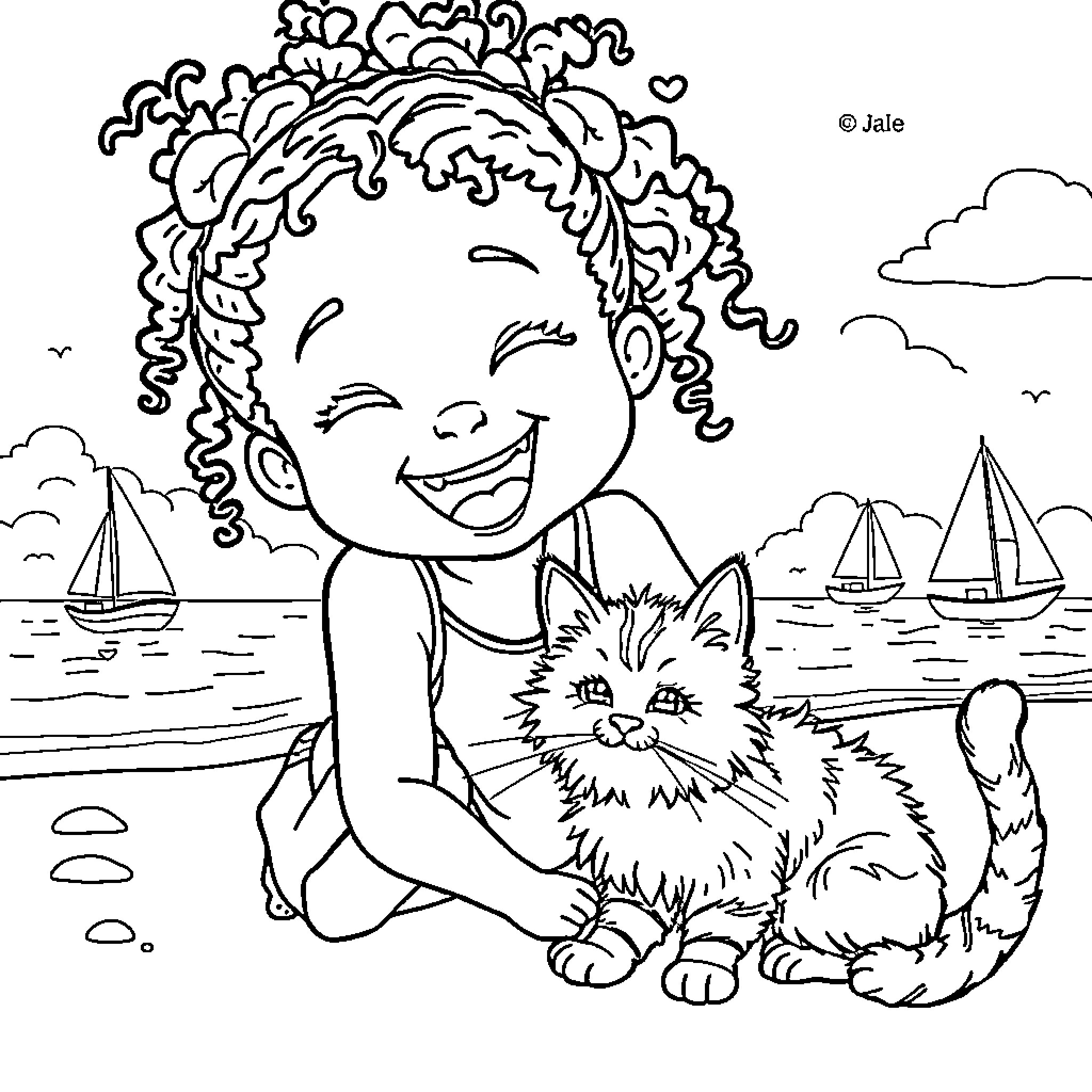Girl playing happily with cat on beach Coloring Page (free black-and-white line drawing printable PDF for all, from beginners to advanced learners, including children, teens, adults, and seniors)