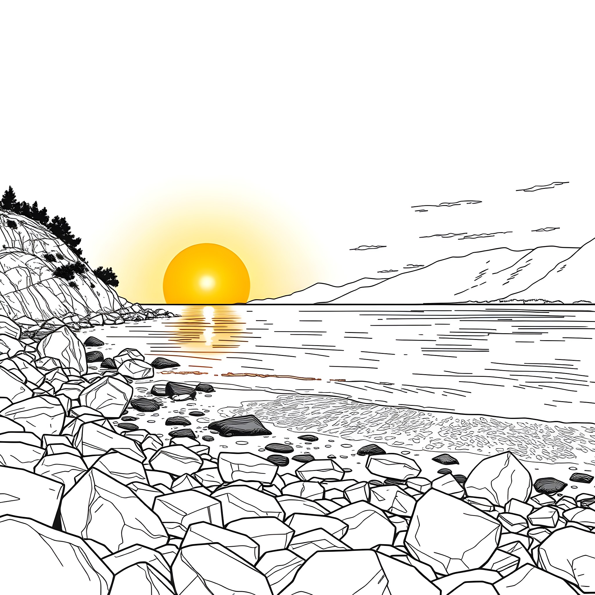 Vinjerac: Sunset over the rocky coastline Coloring Page (free black-and-white line drawing printable PDF for all, from beginners to advanced learners, including children, teens, adults, and seniors)