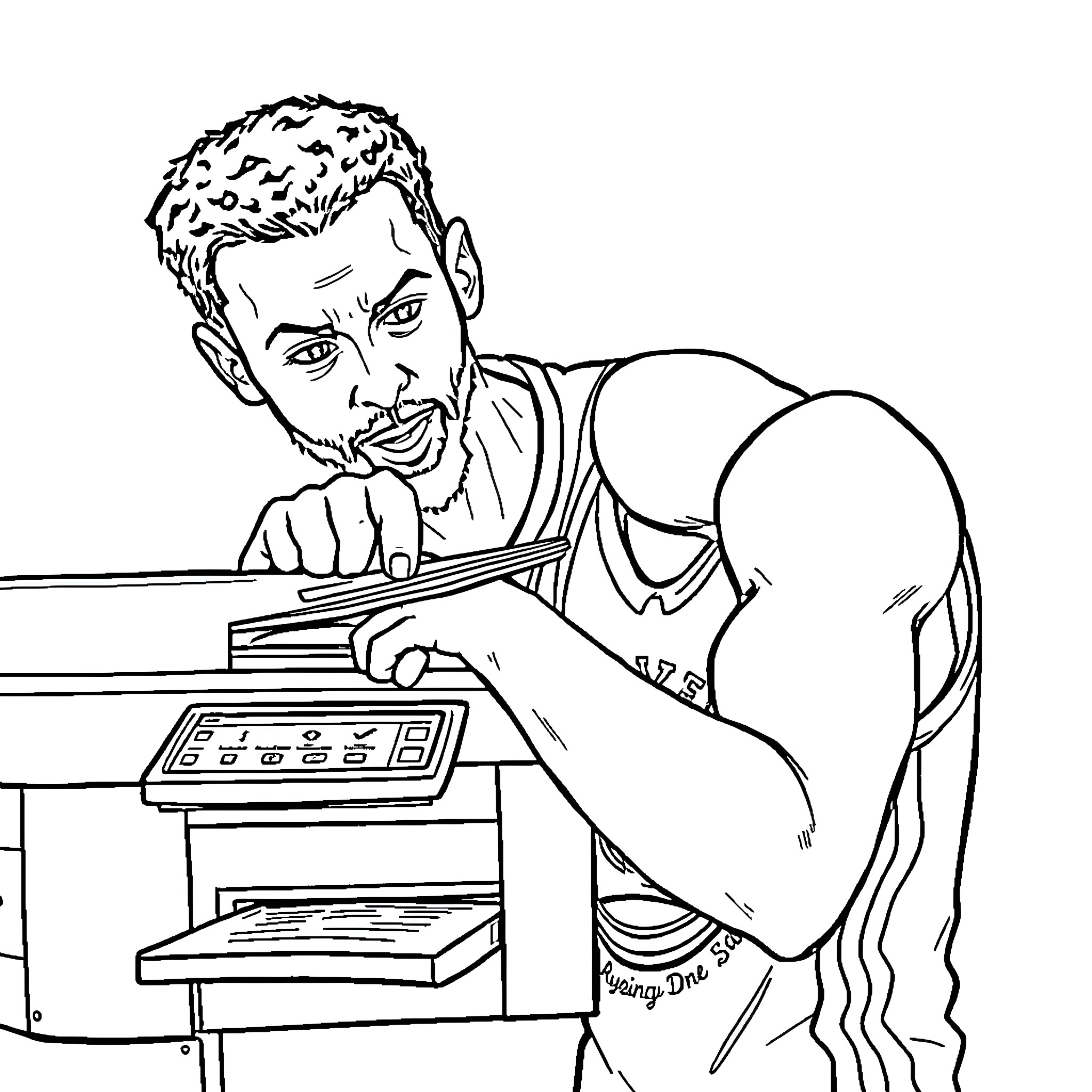 Steph Curry engaged in a computer repair task Coloring Page (free black-and-white line drawing printable PDF for all, from beginners to advanced learners, including children, teens, adults, and seniors)