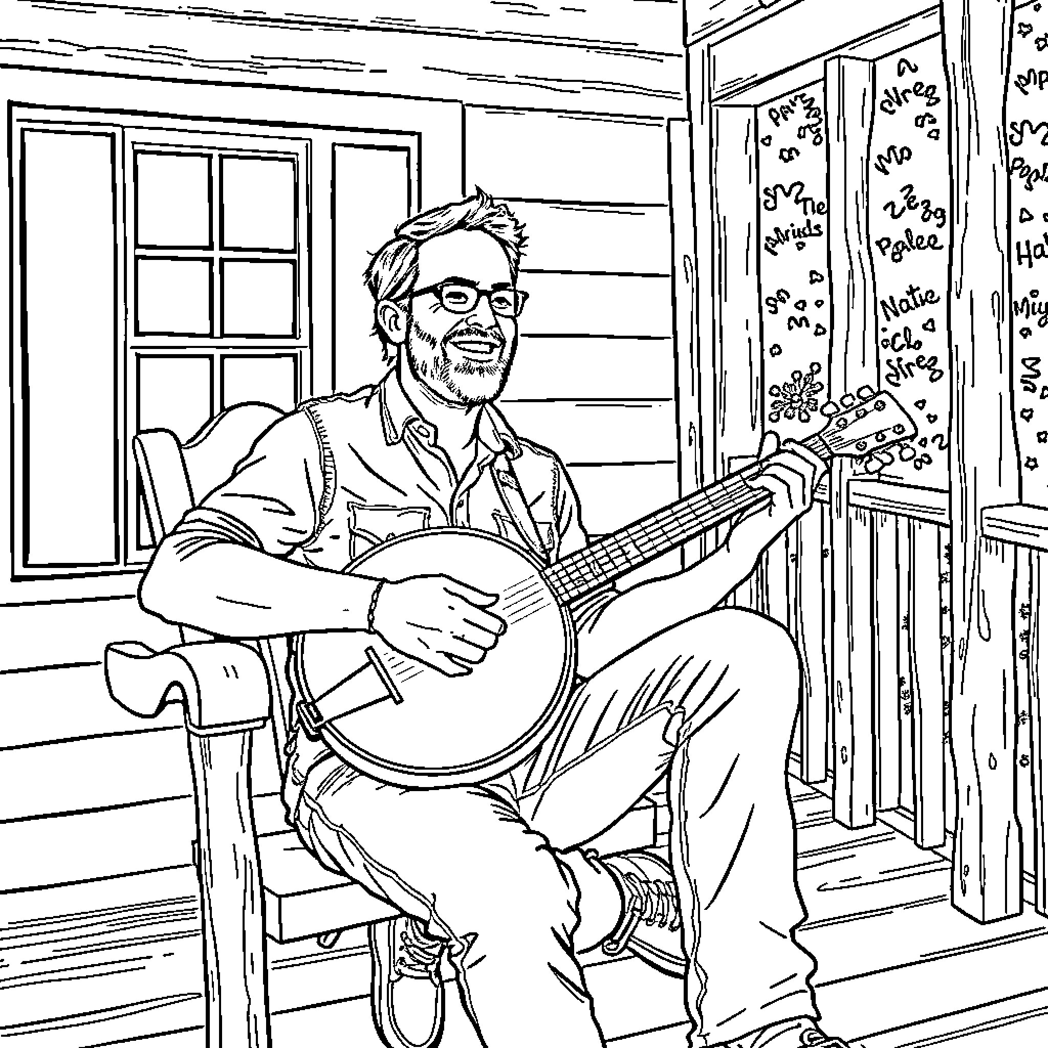 Nate Jespersen playing the banjo on a porch Coloring Page (free black-and-white line drawing printable PDF for all, from beginners to advanced learners, including children, teens, adults, and seniors)