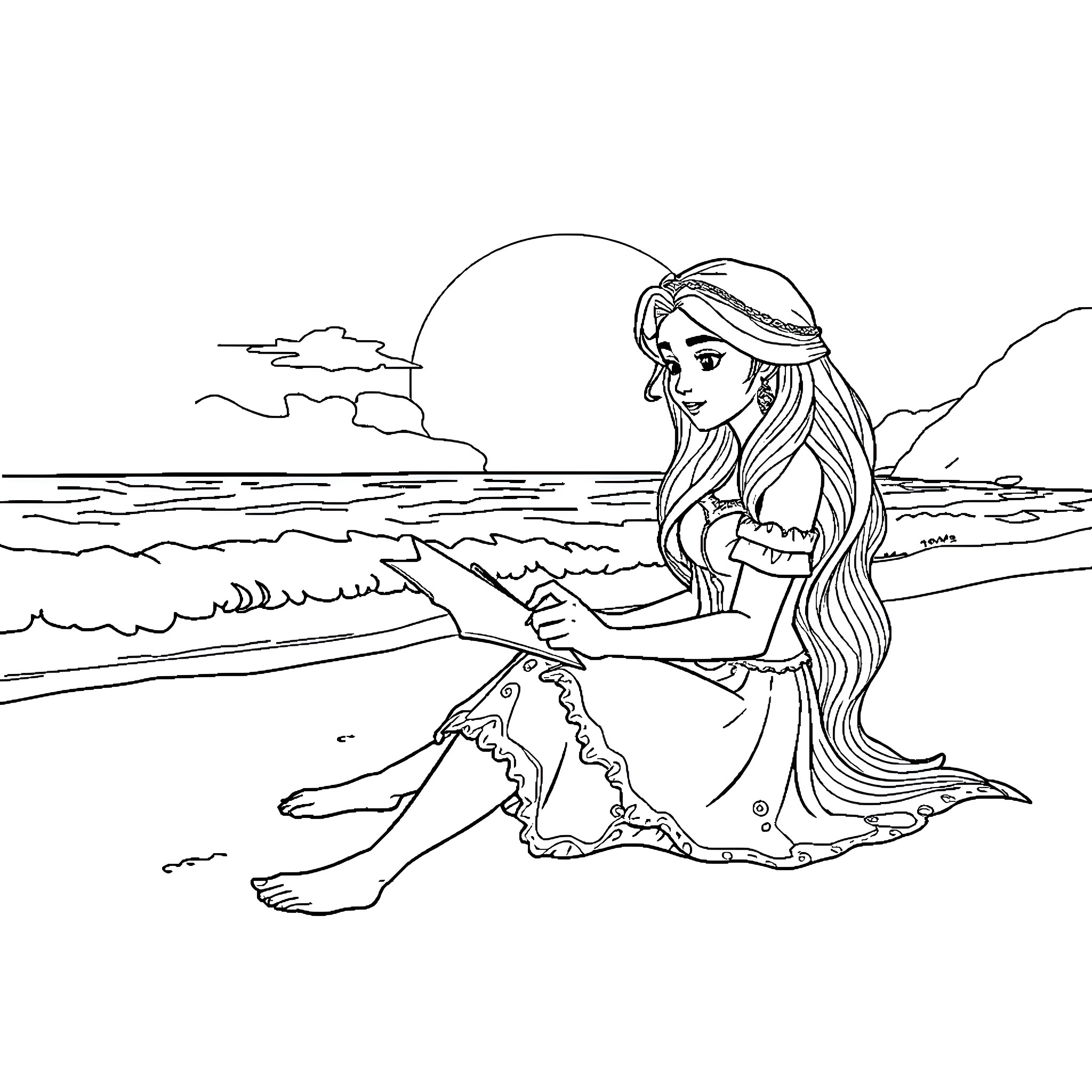 Elena enjoying a peaceful day at the beach Coloring Page (free black-and-white line drawing printable PDF for all, from beginners to advanced learners, including children, teens, adults, and seniors)