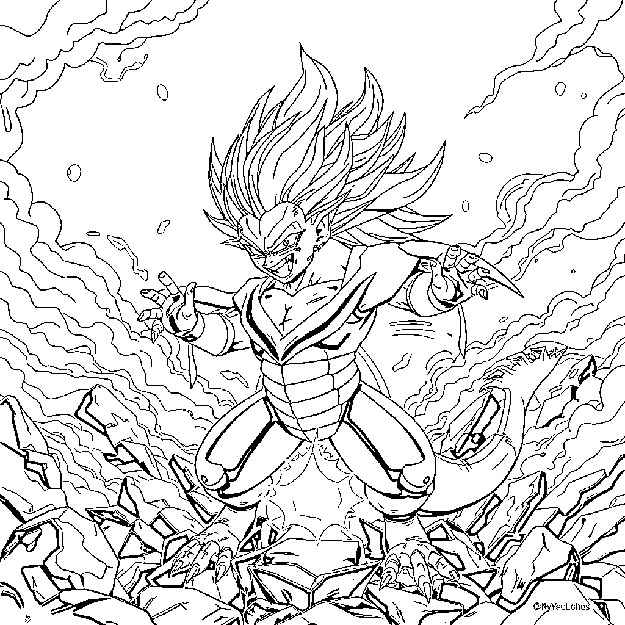 Dragon Ball Warrior in Fierce Battle Pose Coloring Page (free black-and-white line drawing printable PDF for all, from beginners to advanced learners, including children, teens, adults, and seniors)