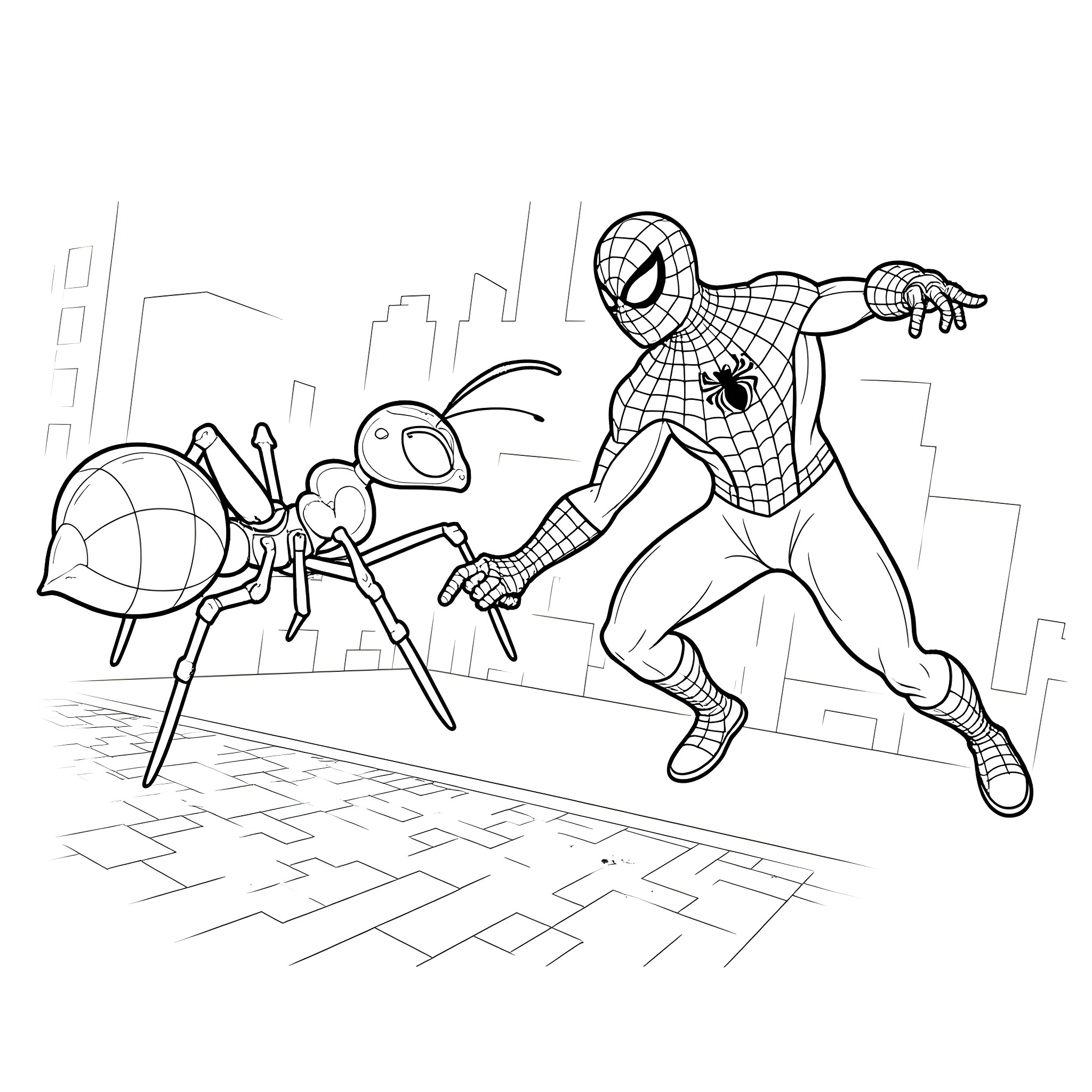 Spiderman battles a giant ant in the city Coloring Page (free black-and-white line drawing printable PDF for all, from beginners to advanced learners, including children, teens, adults, and seniors)