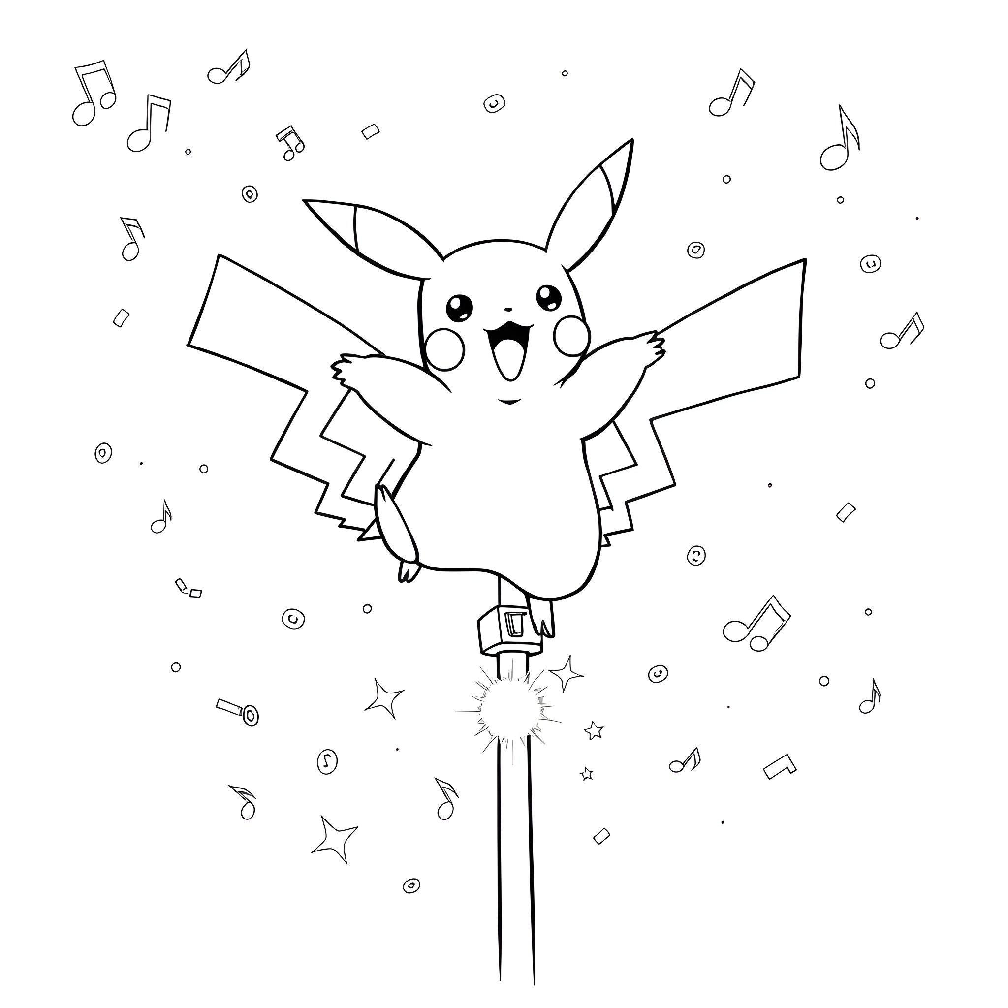 Pikachu performing with musical notes Coloring Page (free black-and-white line drawing printable PDF for all, from beginners to advanced learners, including children, teens, adults, and seniors)
