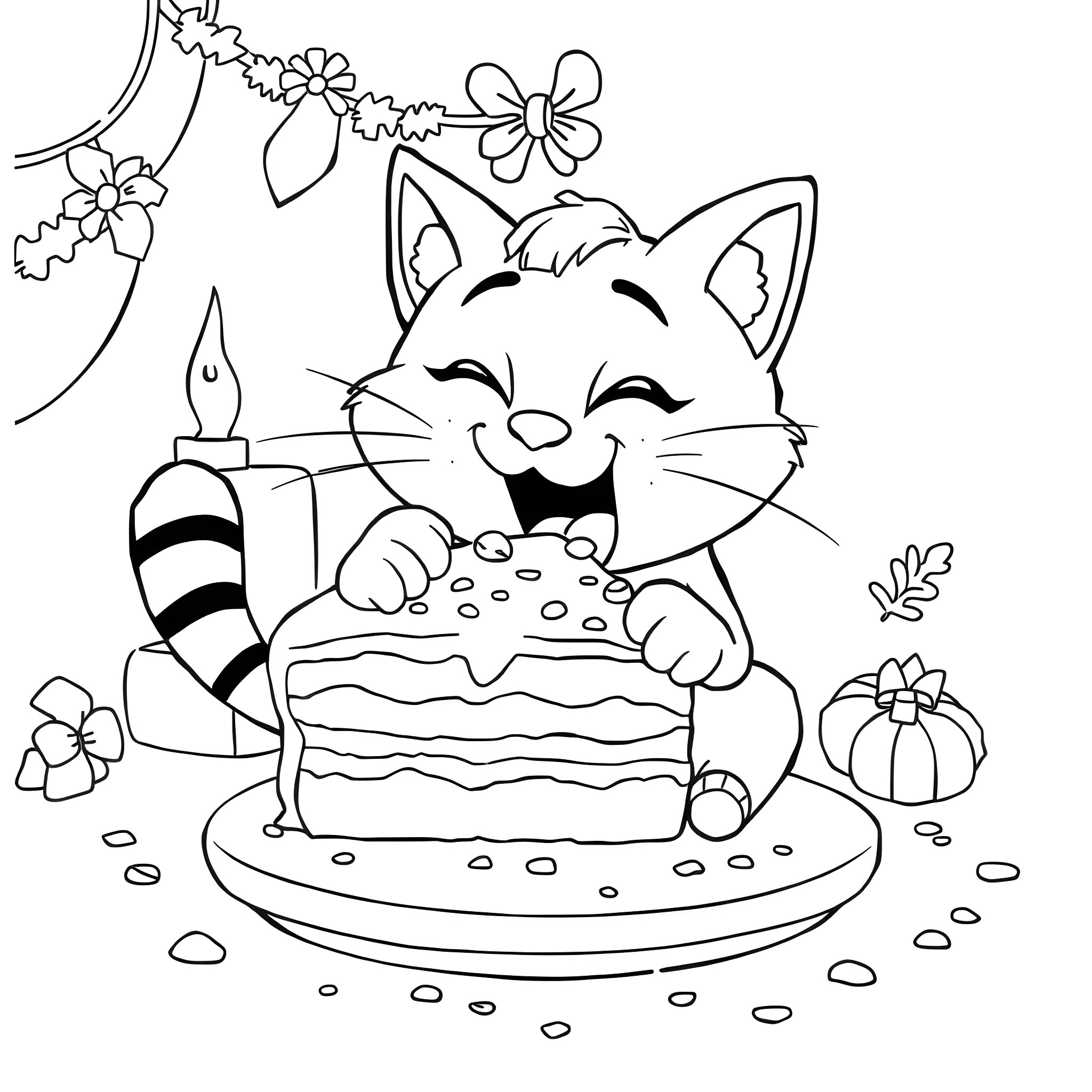 Aphmow Cat Happily Eating Cake with Flowers Coloring Page (free black-and-white line drawing printable PDF for all, from beginners to advanced learners, including children, teens, adults, and seniors)