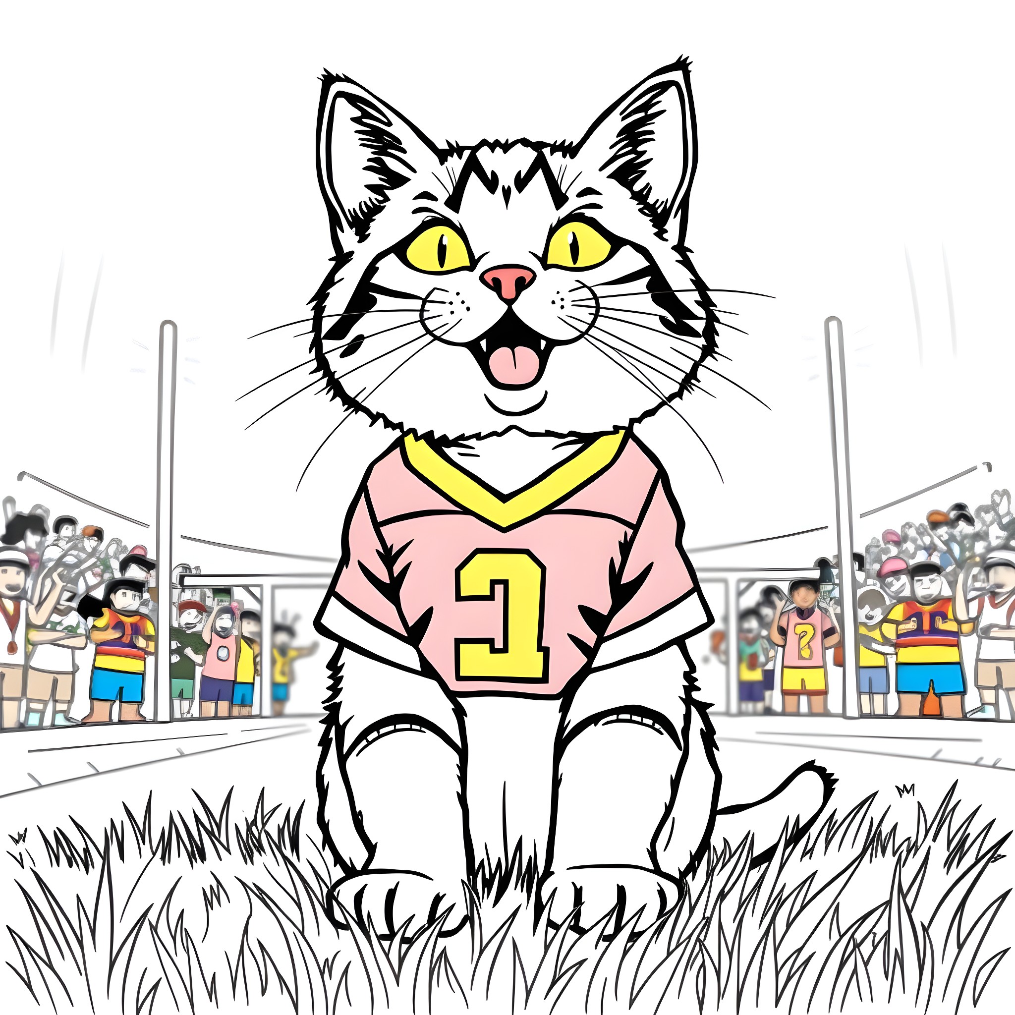 Cat Cheering at a Sports Event Coloring Page (free black-and-white line drawing printable PDF for all, from beginners to advanced learners, including children, teens, adults, and seniors)
