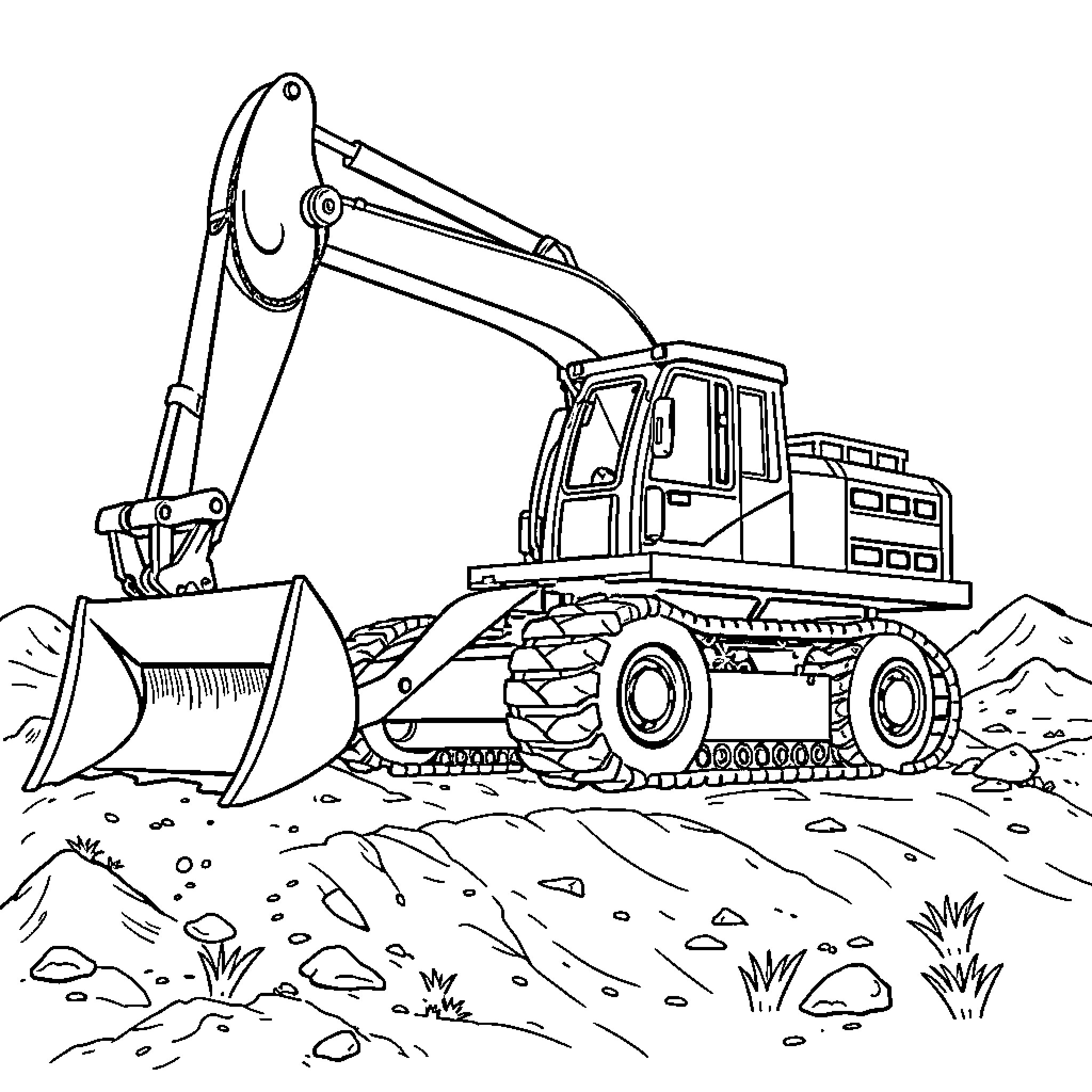 Excavator digging in construction site Coloring Page (free black-and-white line drawing printable PDF for all, from beginners to advanced learners, including children, teens, adults, and seniors)