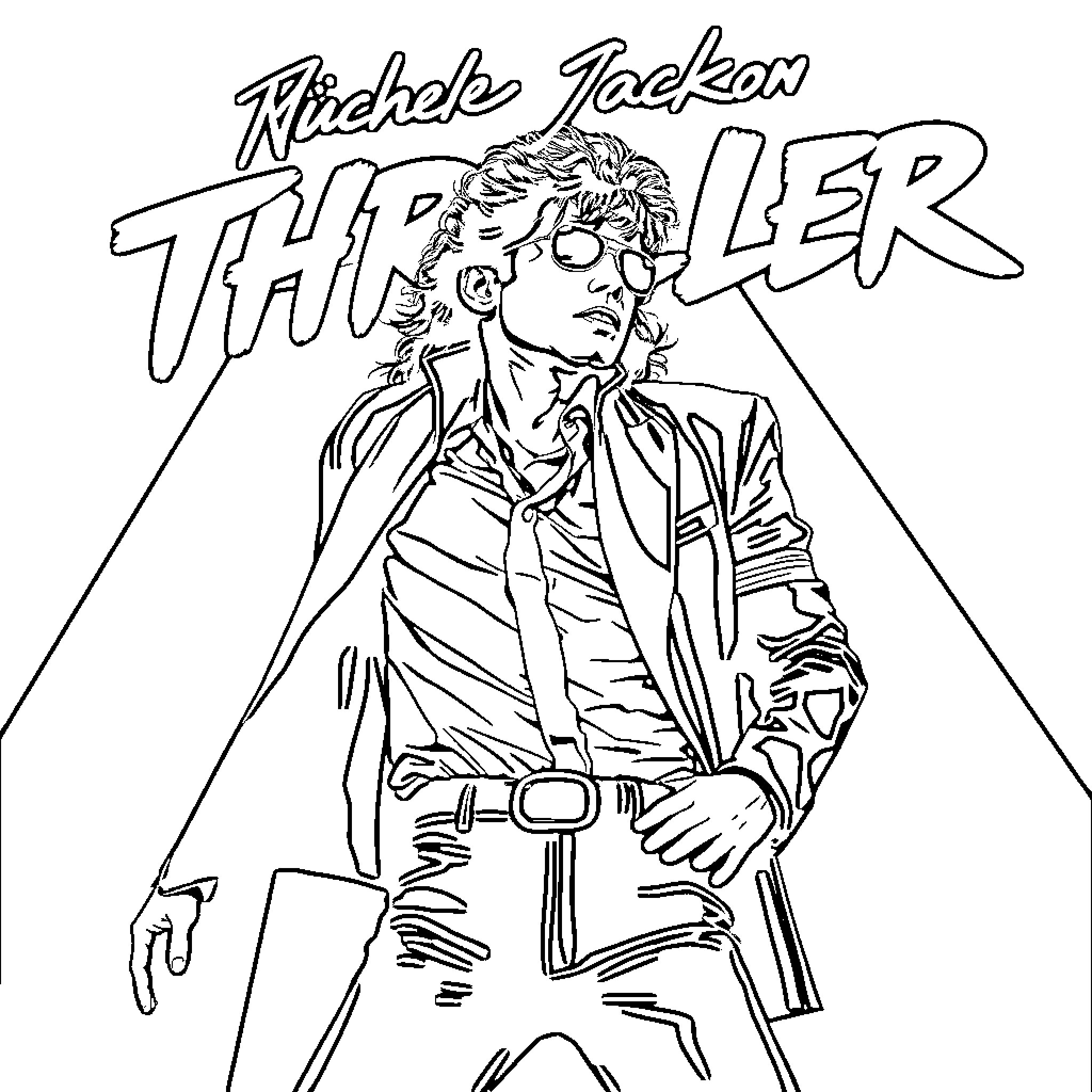 Michael Jackson posing in iconic Thriller era outfit Coloring Page (free black-and-white line drawing printable PDF for all, from beginners to advanced learners, including children, teens, adults, and seniors)