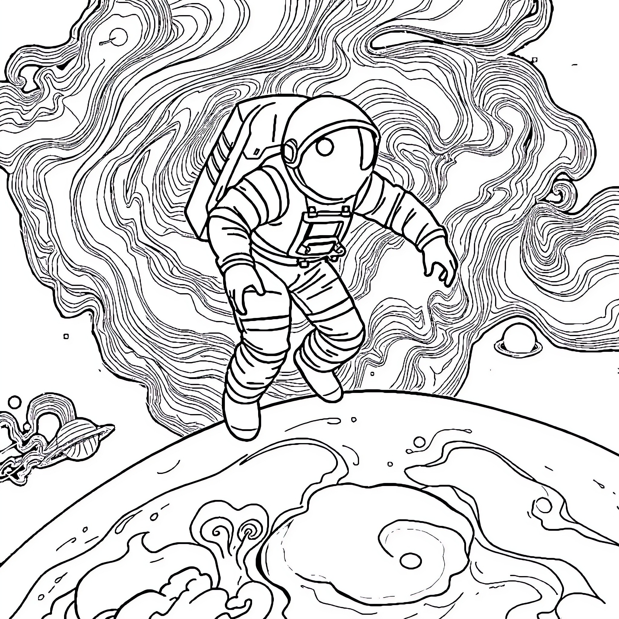 Astronaut exploring the cosmic landscape Coloring Page (free black-and-white line drawing printable PDF for all, from beginners to advanced learners, including children, teens, adults, and seniors)