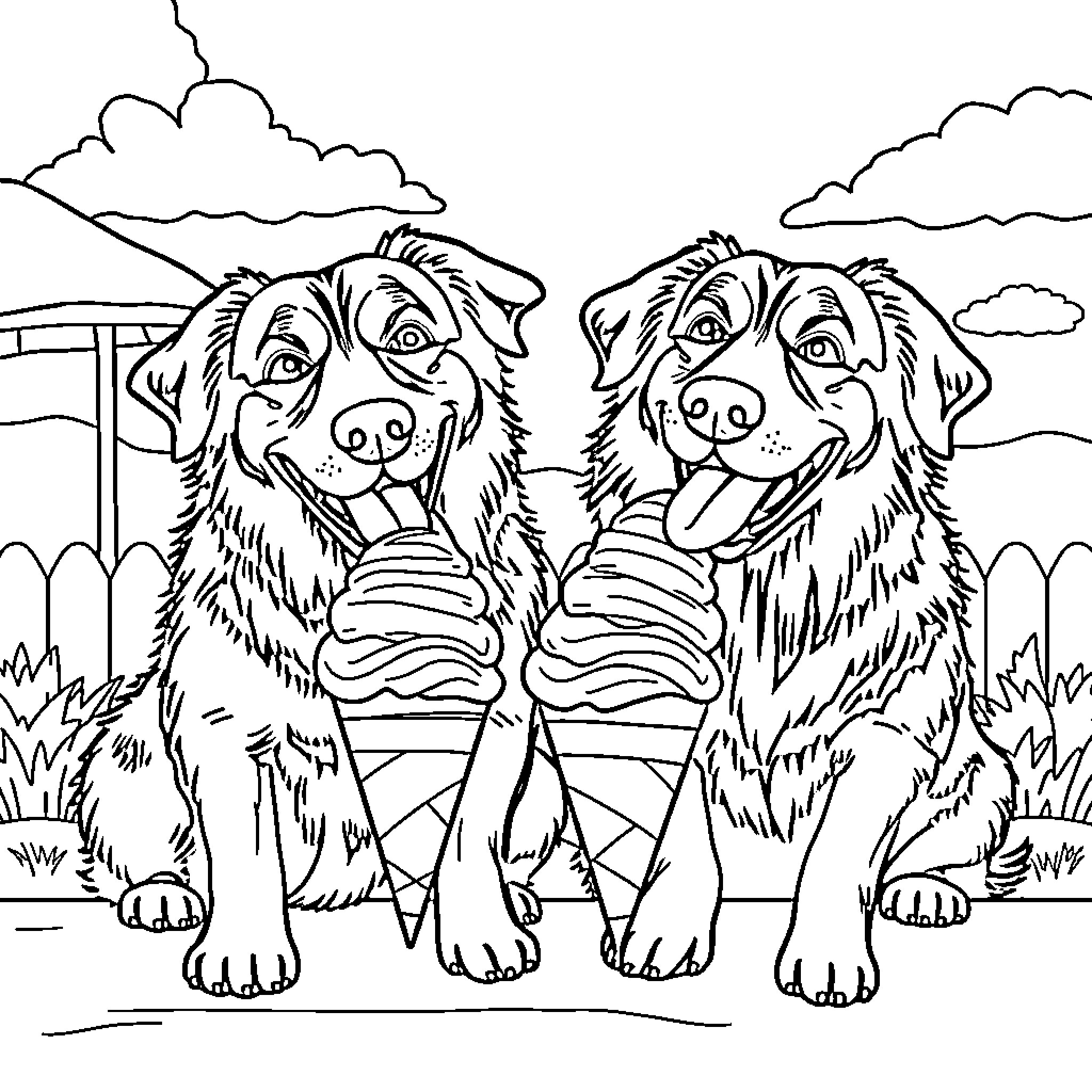 Dogs playing happily together in the park Coloring Page (free black-and-white line drawing printable PDF for all, from beginners to advanced learners, including children, teens, adults, and seniors)