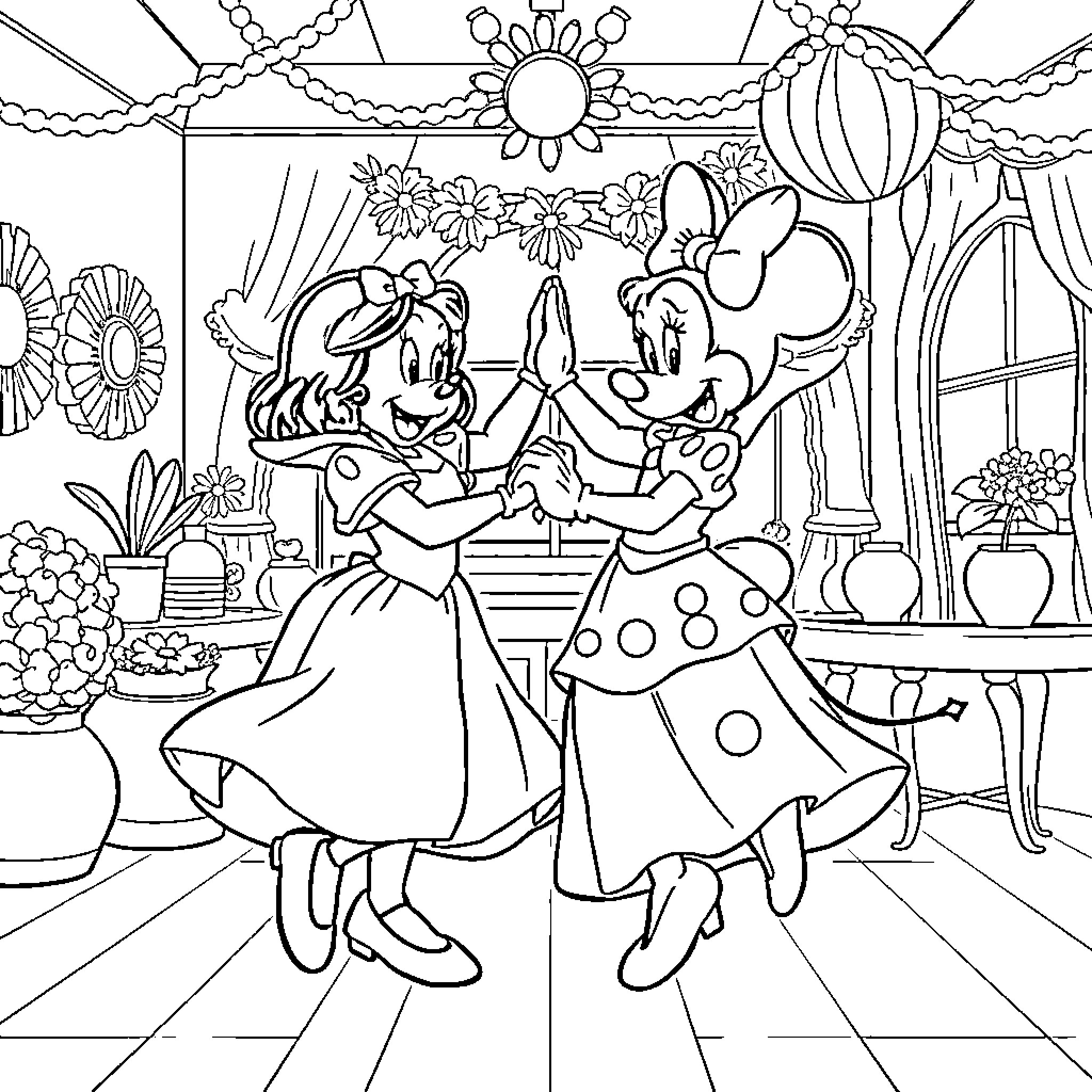 Snow White and Minnie Mouse dancing in a vibrant garden Coloring Page (free black-and-white line drawing printable PDF for all, from beginners to advanced learners, including children, teens, adults, and seniors)
