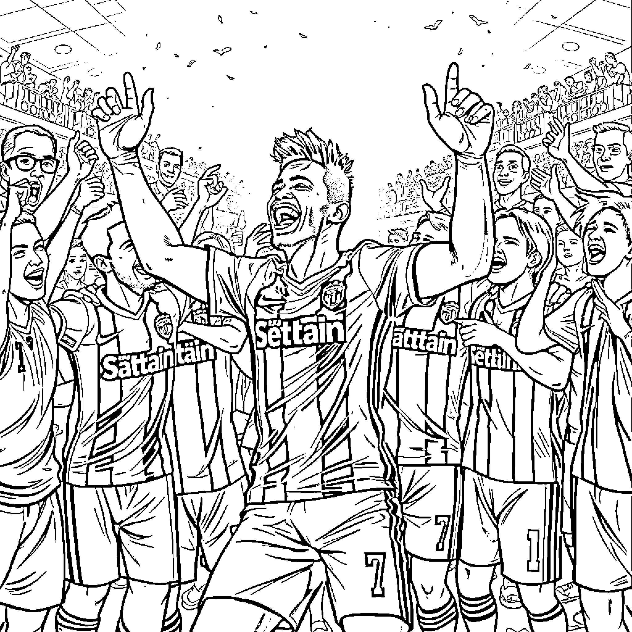 Neymar celebrating victory with teammates and fans Coloring Page (free black-and-white line drawing printable PDF for all, from beginners to advanced learners, including children, teens, adults, and seniors)