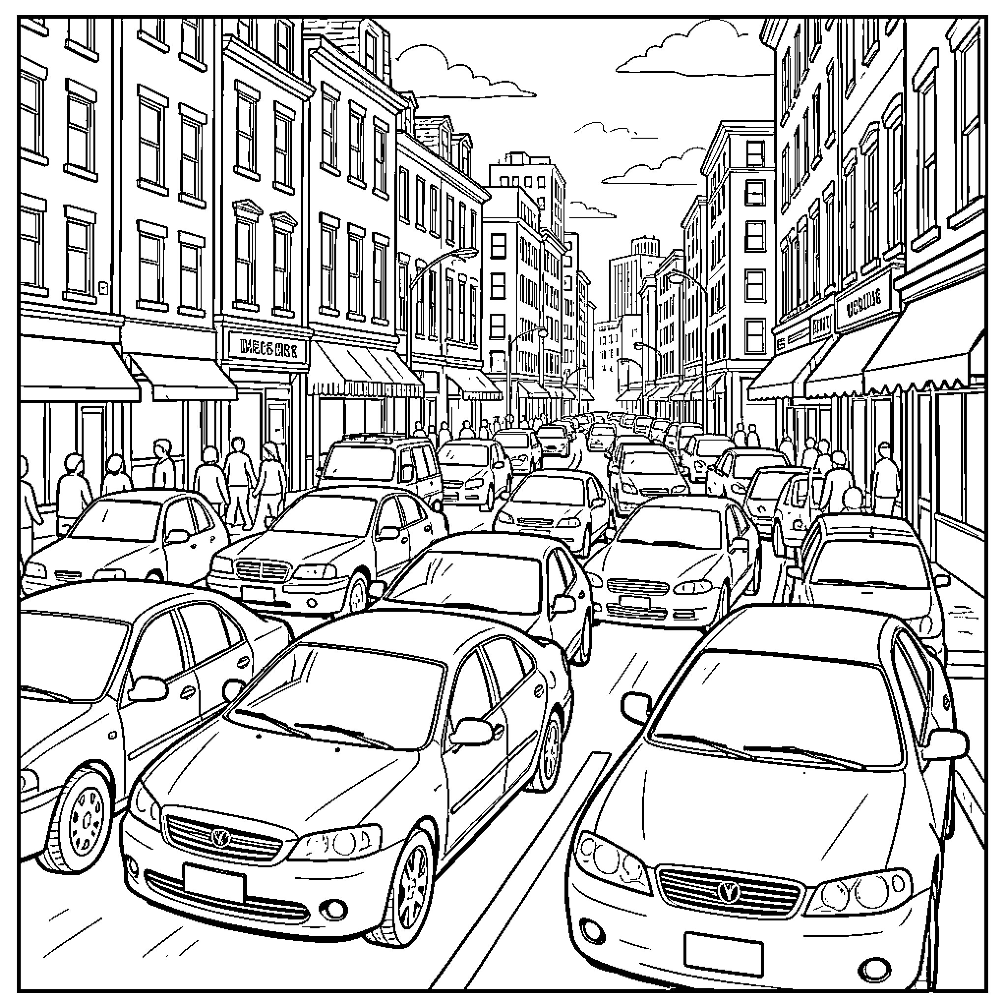 Car driving through a busy city street traffic Coloring Page (free black-and-white line drawing printable PDF for all, from beginners to advanced learners, including children, teens, adults, and seniors)