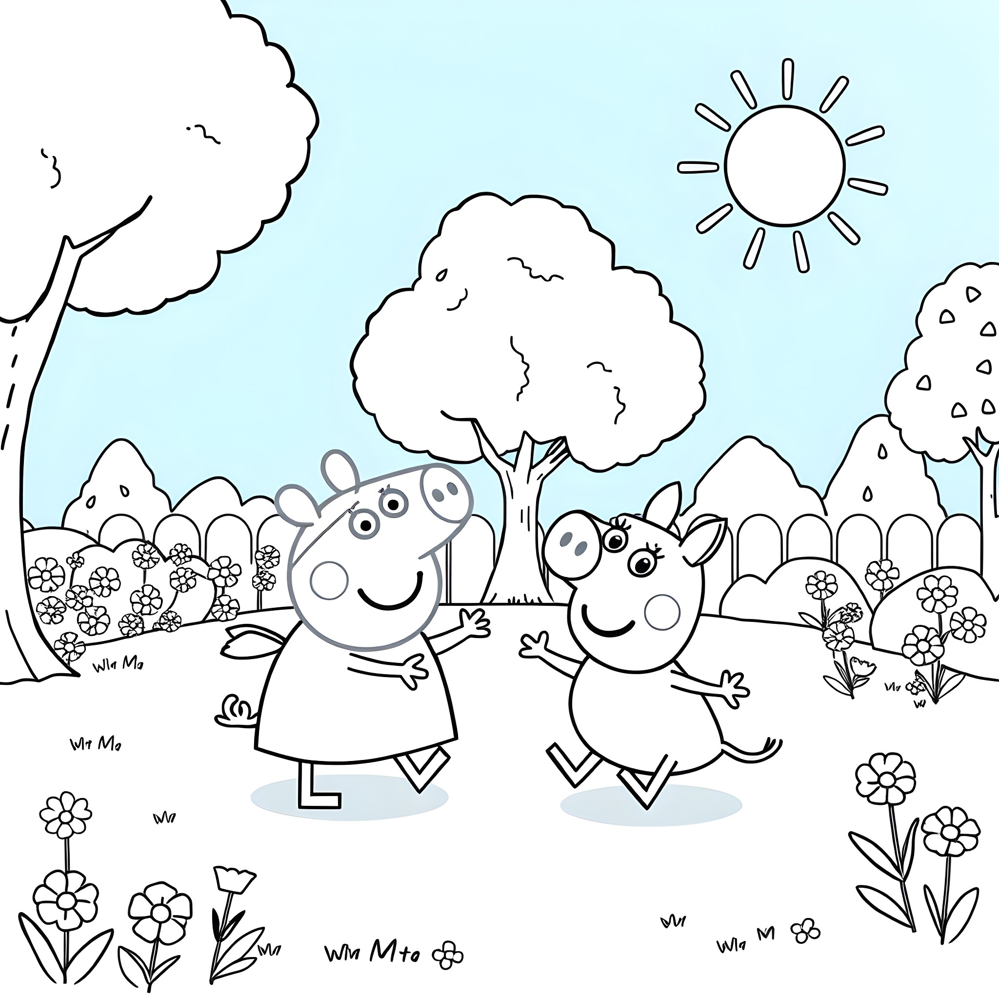 Peppa Pig and friends enjoying a sunny day outdoors Coloring Page (free black-and-white line drawing printable PDF for all, from beginners to advanced learners, including children, teens, adults, and seniors)