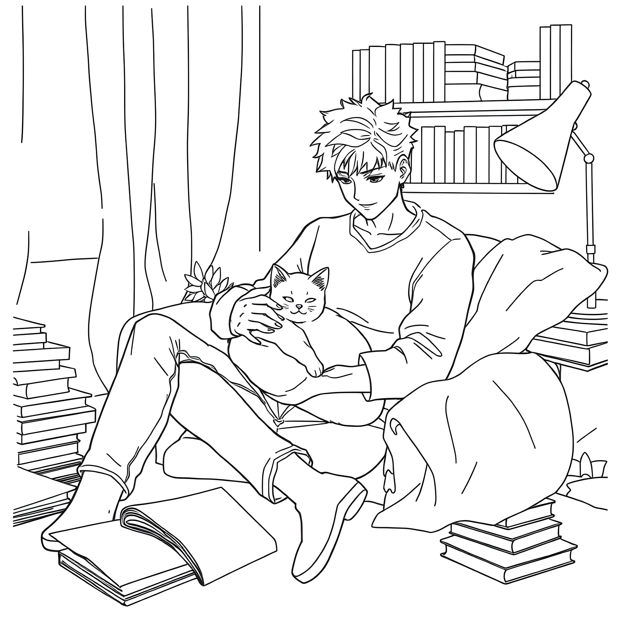 Aizawa relaxing with a cat in a cozy library Coloring Page (free black-and-white line drawing printable PDF for all, from beginners to advanced learners, including children, teens, adults, and seniors)