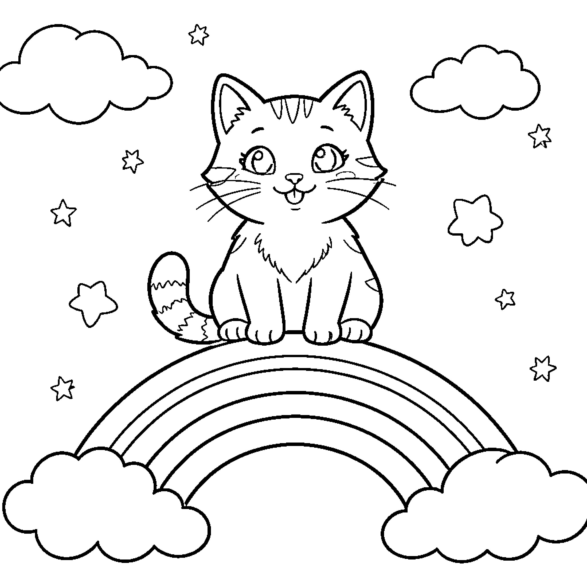 Cat sitting on a rainbow in the starry sky Coloring Page (free black-and-white line drawing printable PDF for all, from beginners to advanced learners, including children, teens, adults, and seniors)