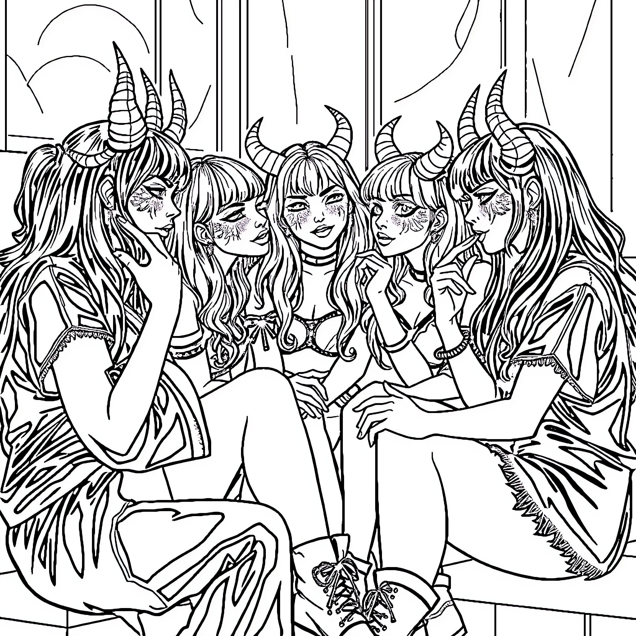 Demon Hunters in Mystical Gathering Coloring Page (free black-and-white line drawing printable PDF for all, from beginners to advanced learners, including children, teens, adults, and seniors)