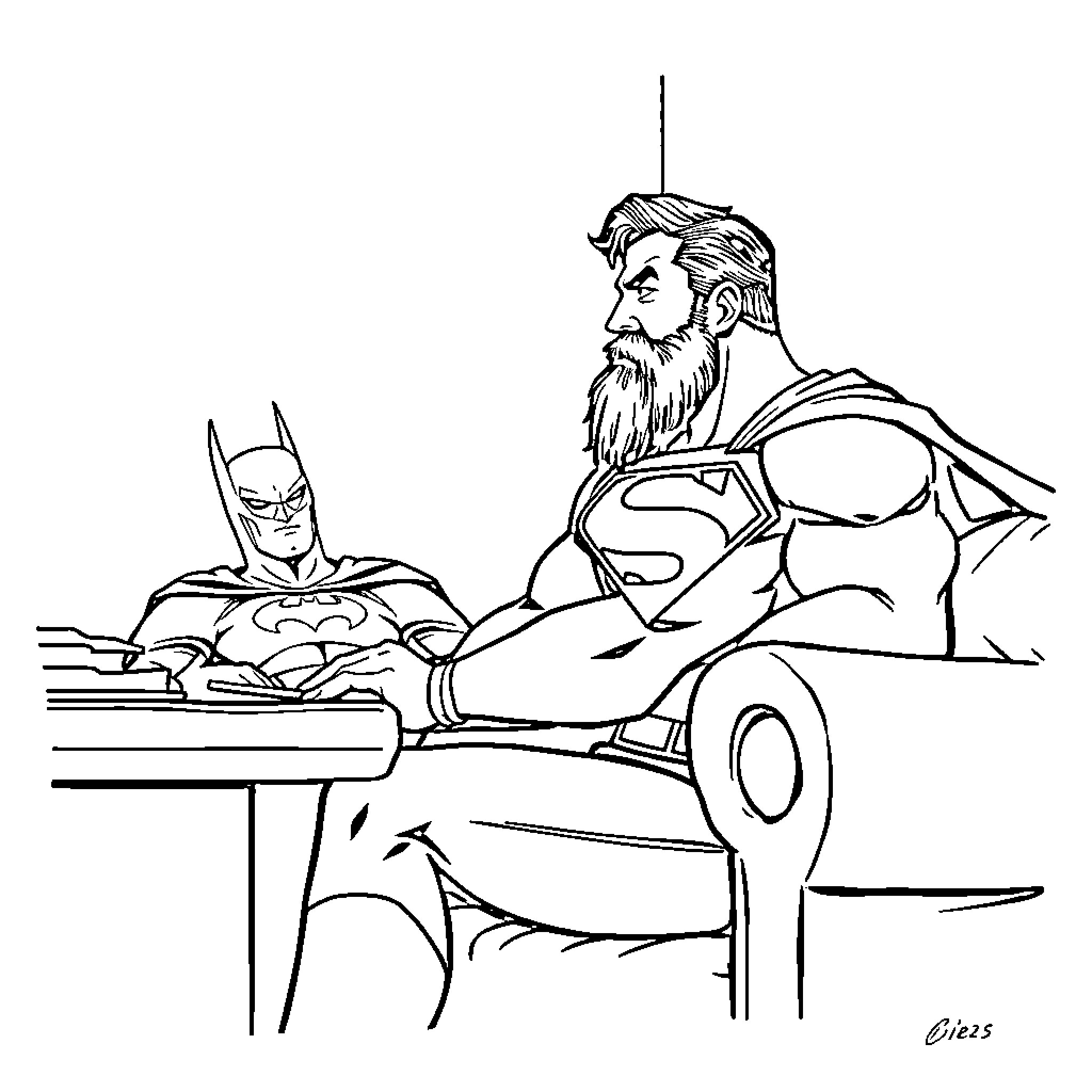 Superman and Batman discussing strategy in the office Coloring Page (free black-and-white line drawing printable PDF for all, from beginners to advanced learners, including children, teens, adults, and seniors)