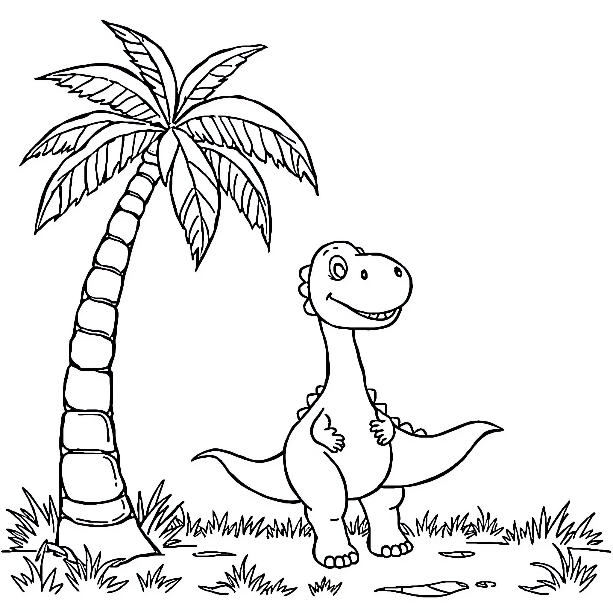 Dinosaur exploring tropical island with palm tree Coloring Page (free black-and-white line drawing printable PDF for all, from beginners to advanced learners, including children, teens, adults, and seniors)