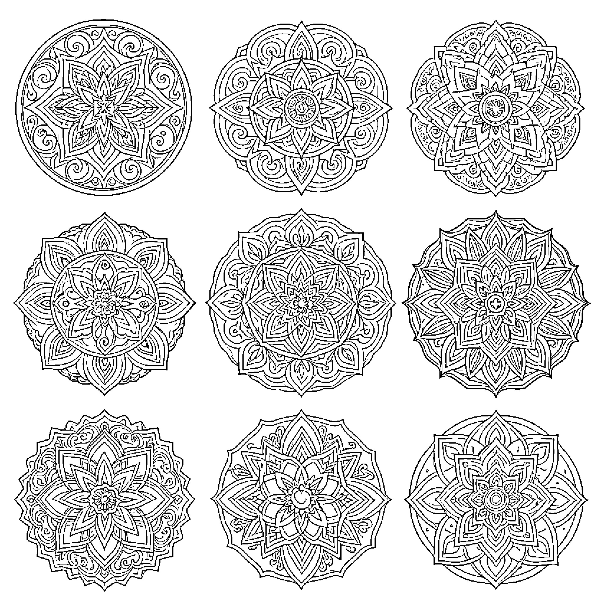 Mandalas with intricate floral and geometric designs Coloring Page (free black-and-white line drawing printable PDF for all, from beginners to advanced learners, including children, teens, adults, and seniors)