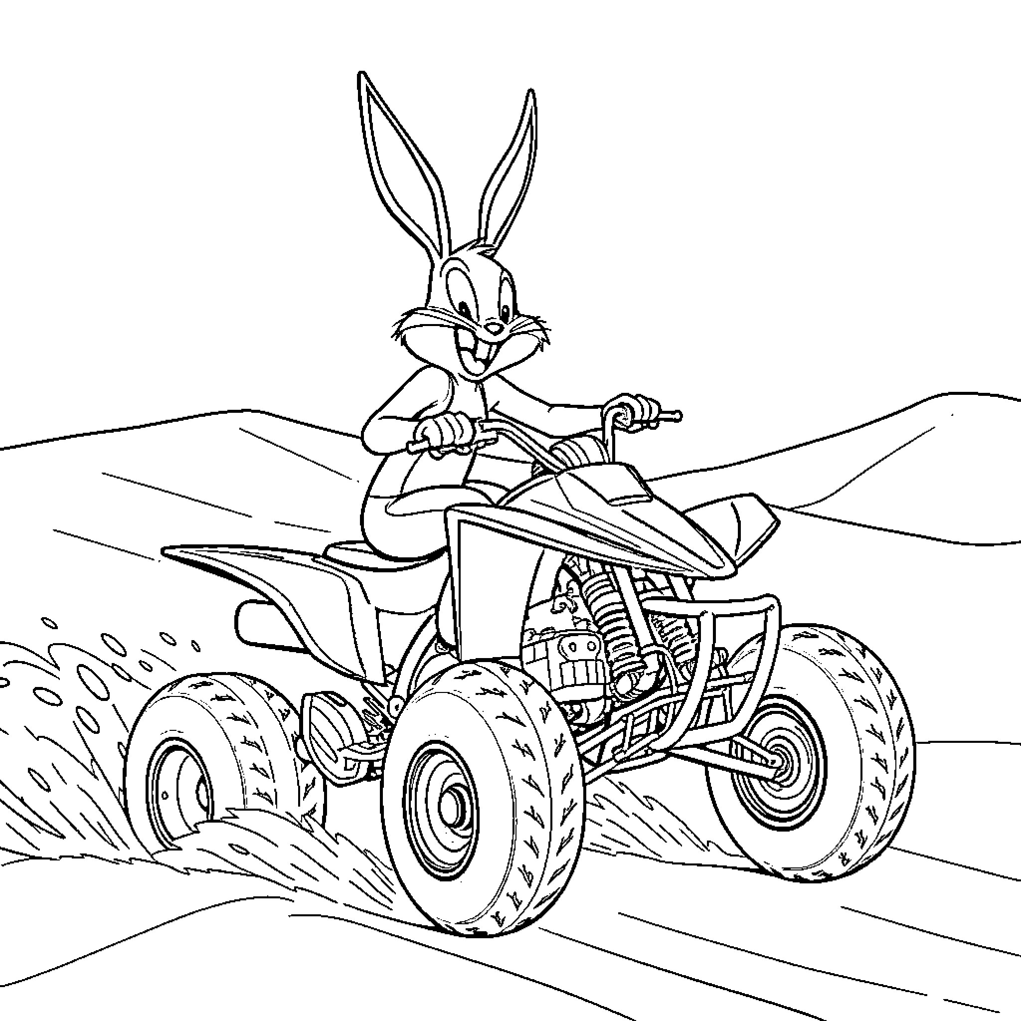 Bugs Bunny riding an off-road all-terrain vehicle Coloring Page (free black-and-white line drawing printable PDF for all, from beginners to advanced learners, including children, teens, adults, and seniors)